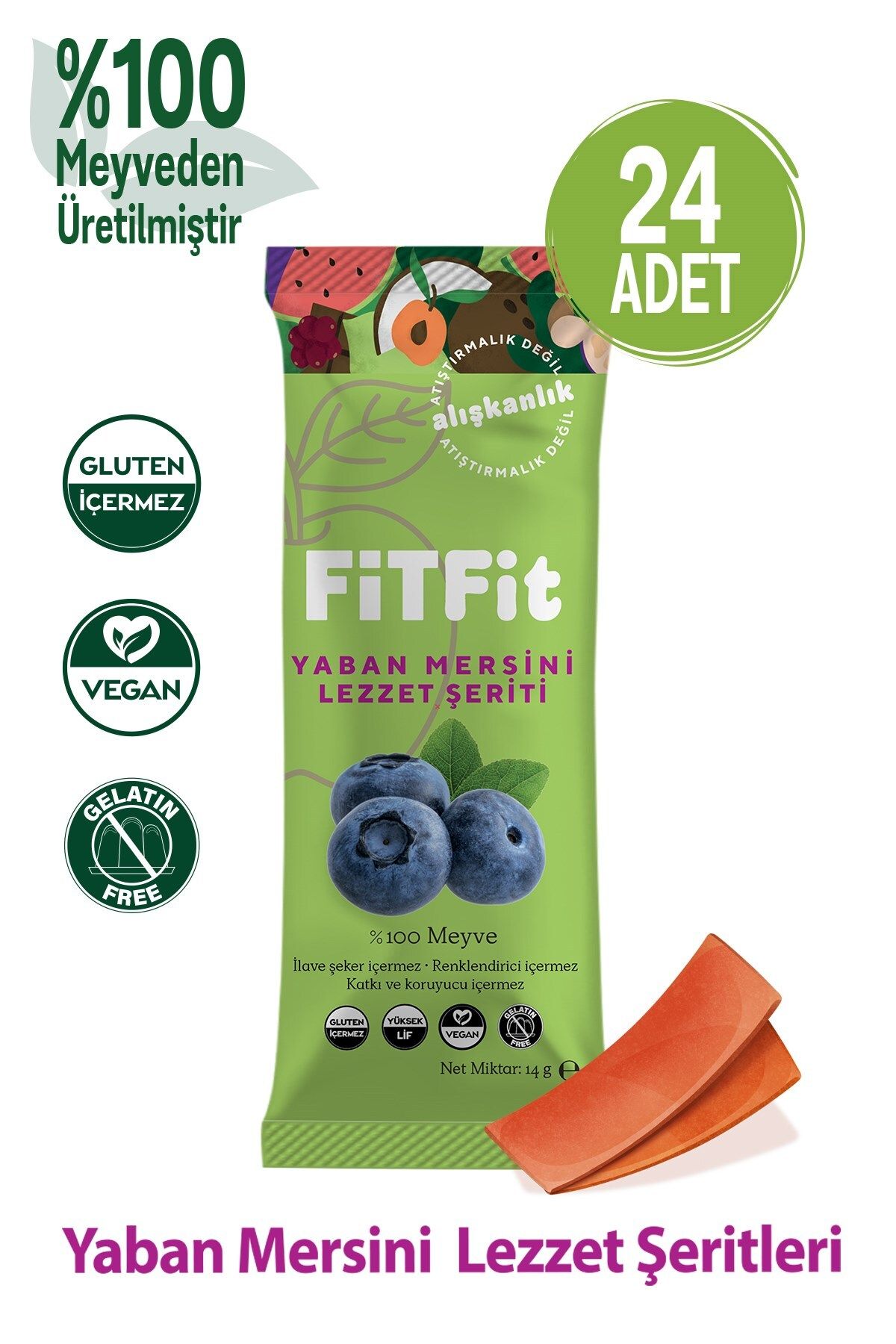 FitFit Yaban Mersini Meyve Pestil Glutensiz, Doğal Meyveli Sağlıklı Atıştırmalık 14GR X 24 ADET