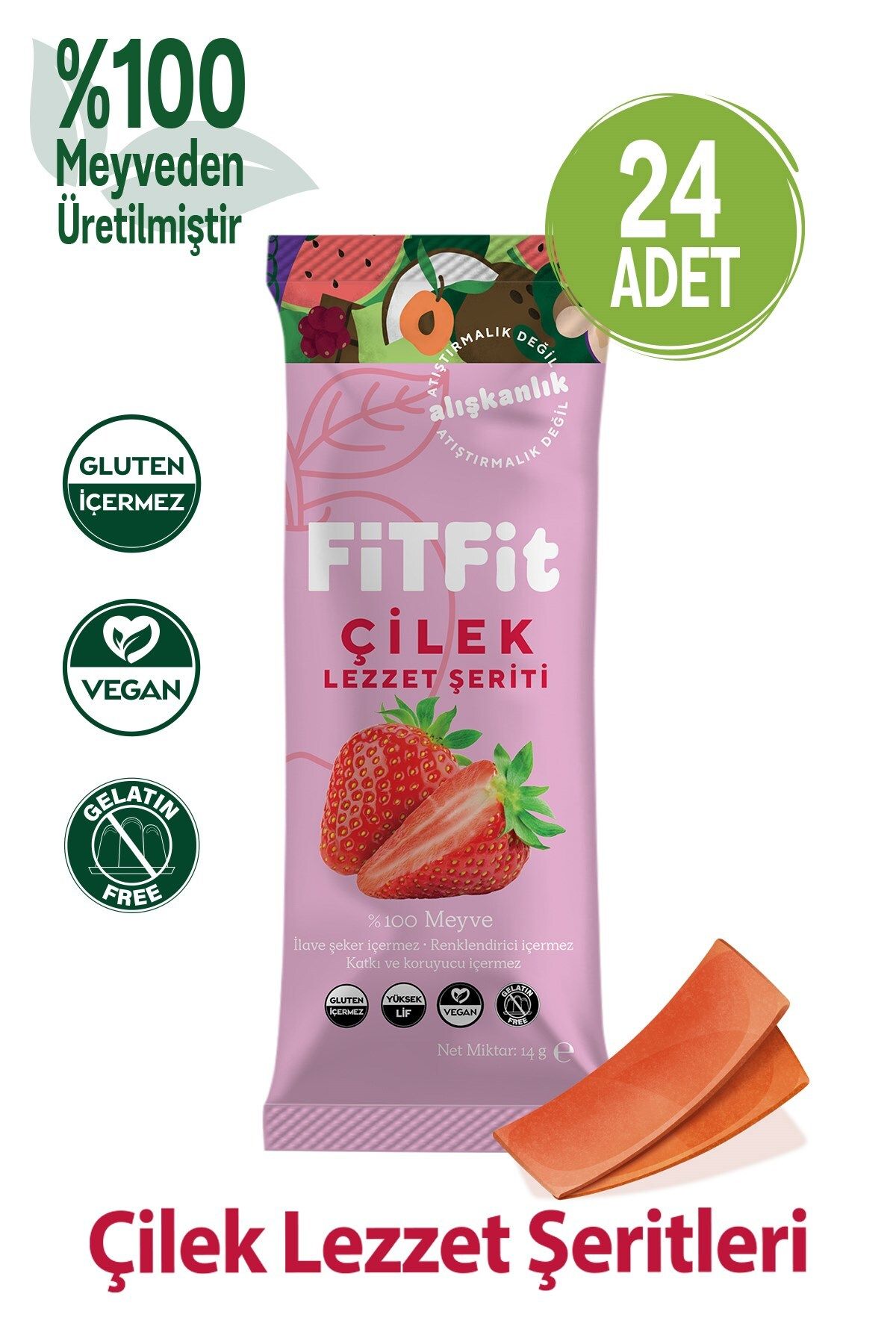 FitFit Çilek Meyve Pestili Glutensiz ve Doğal Meyveli Sağlıklı Atıştırmalık 14GR X 24 ADET