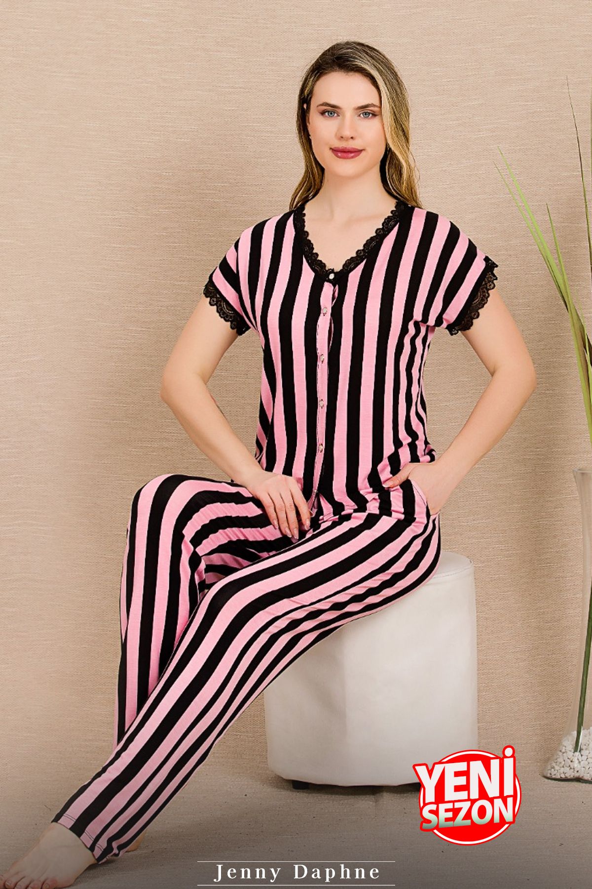 Jenny Daphne-Lady Stripe Patterned Pajamas New Season Short-Sleeve Pajamas Set 12496 3