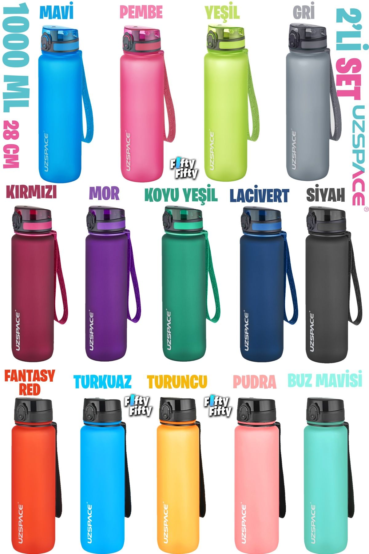 قمقمه ورزشی FIFTYFIFTY 2LI SET 1000ML 1LTER جریان آب TRITAN Uzspace