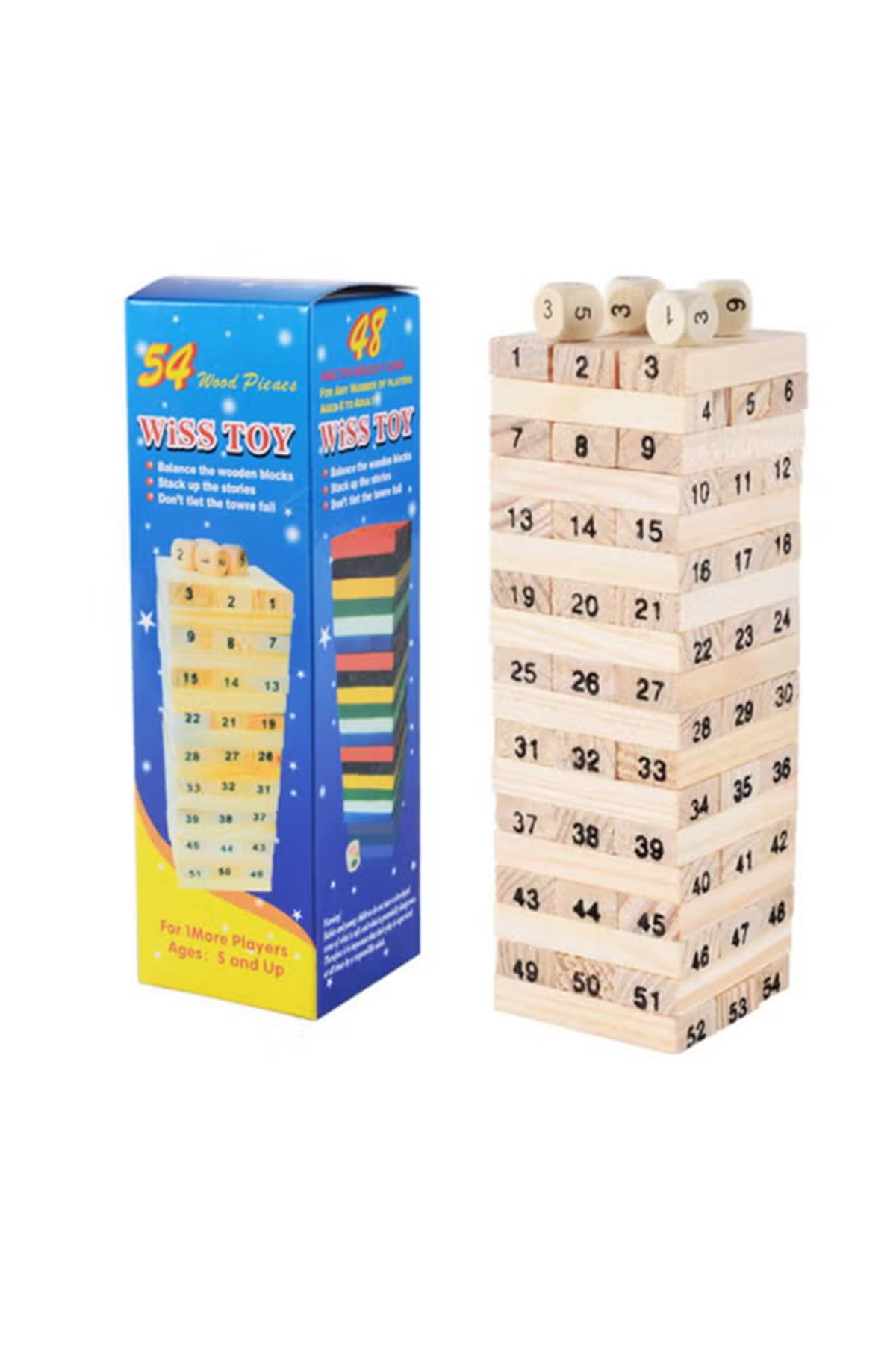 54-Piece Wooden Tower Building Block And 4-Piece Dice Stacker mf5498m, one size