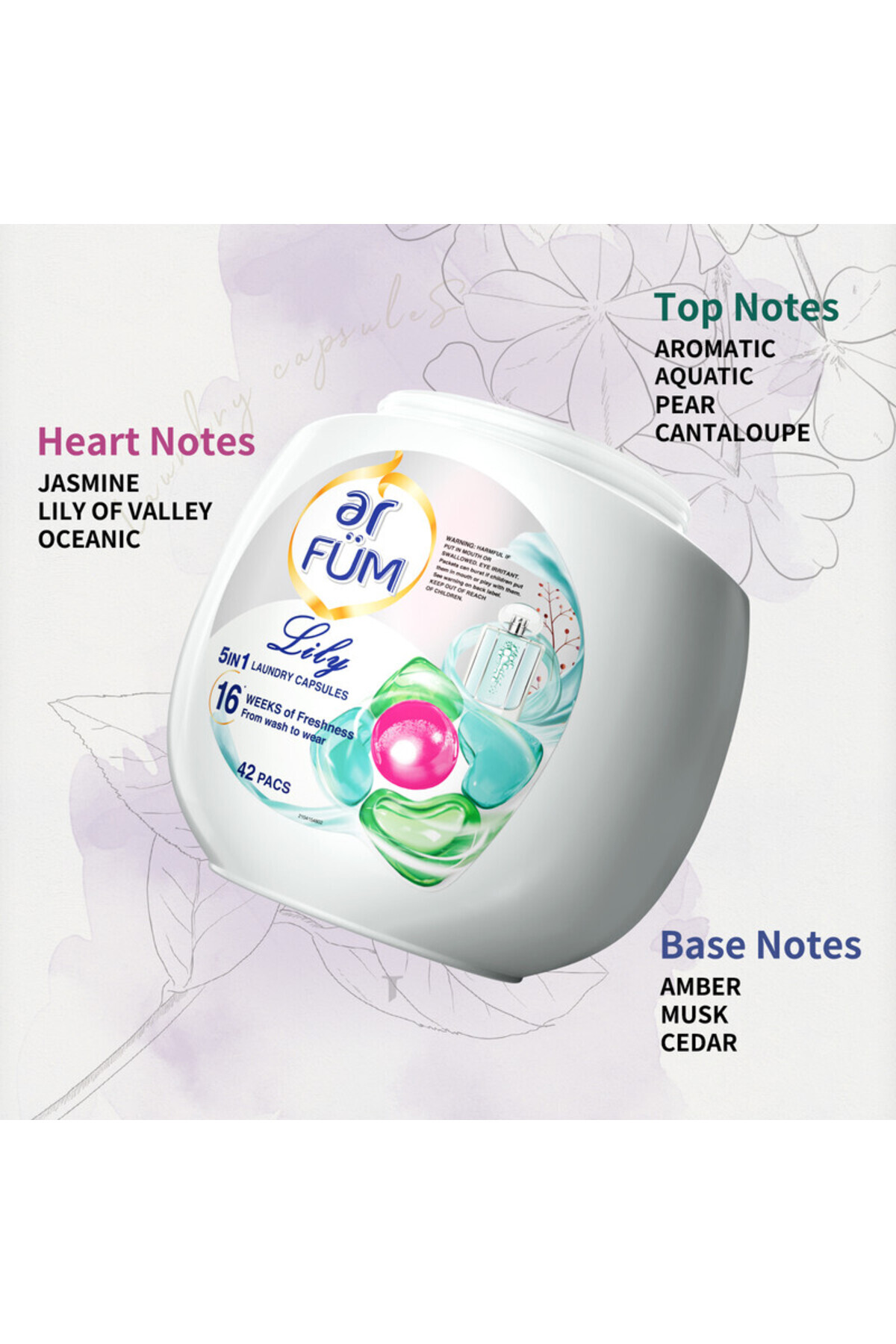 ArFum-PODS, 5-in-1 Laundry Detergent Capsules, 16 Weeks of Long-Lasting Fragrance, 42 Pods, Lily 5