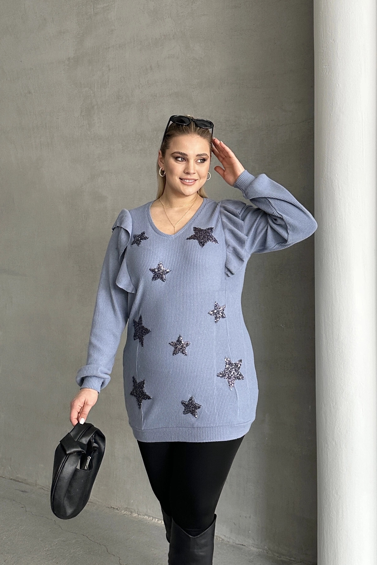 Stil Diva-Plus Size Long Sleeve Ruffled Star Pattern Embroidered Blouse 301234 1