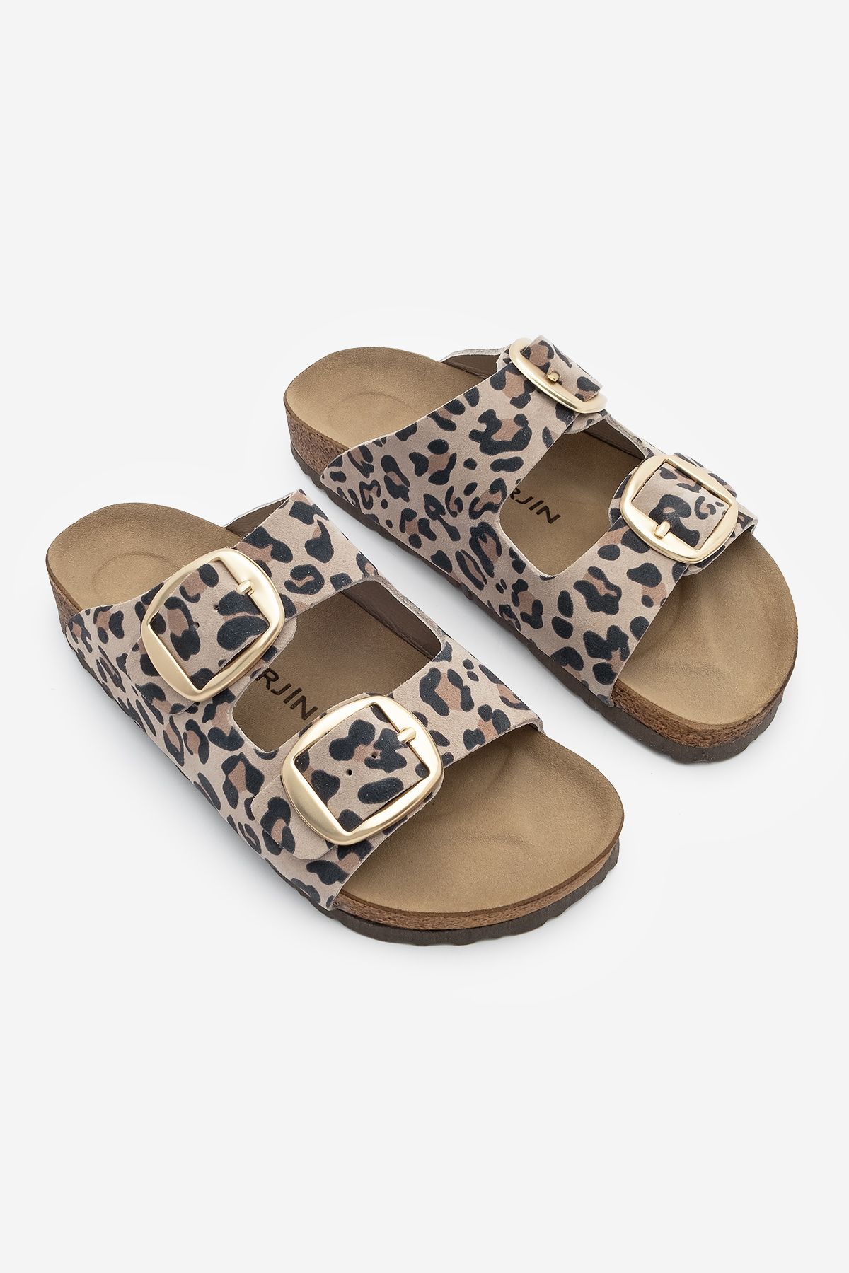 Marjin-Dámské pantofle Poly Beige s leopardím vzorem – pravá kůže, dvojité pruhy, podrážka Eva 3