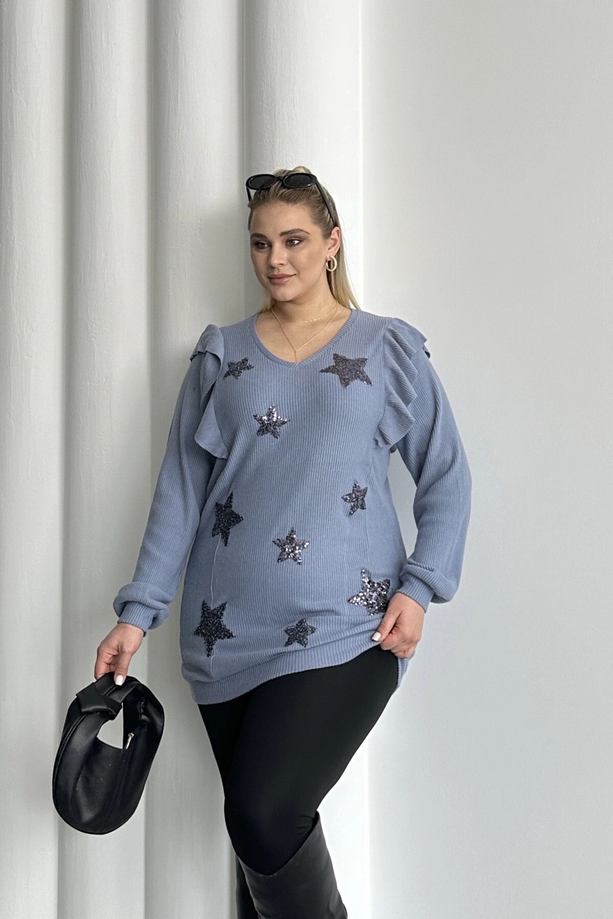 Stil Diva-Plus Size Long Sleeve Ruffled Star Pattern Embroidered Blouse 301234 4