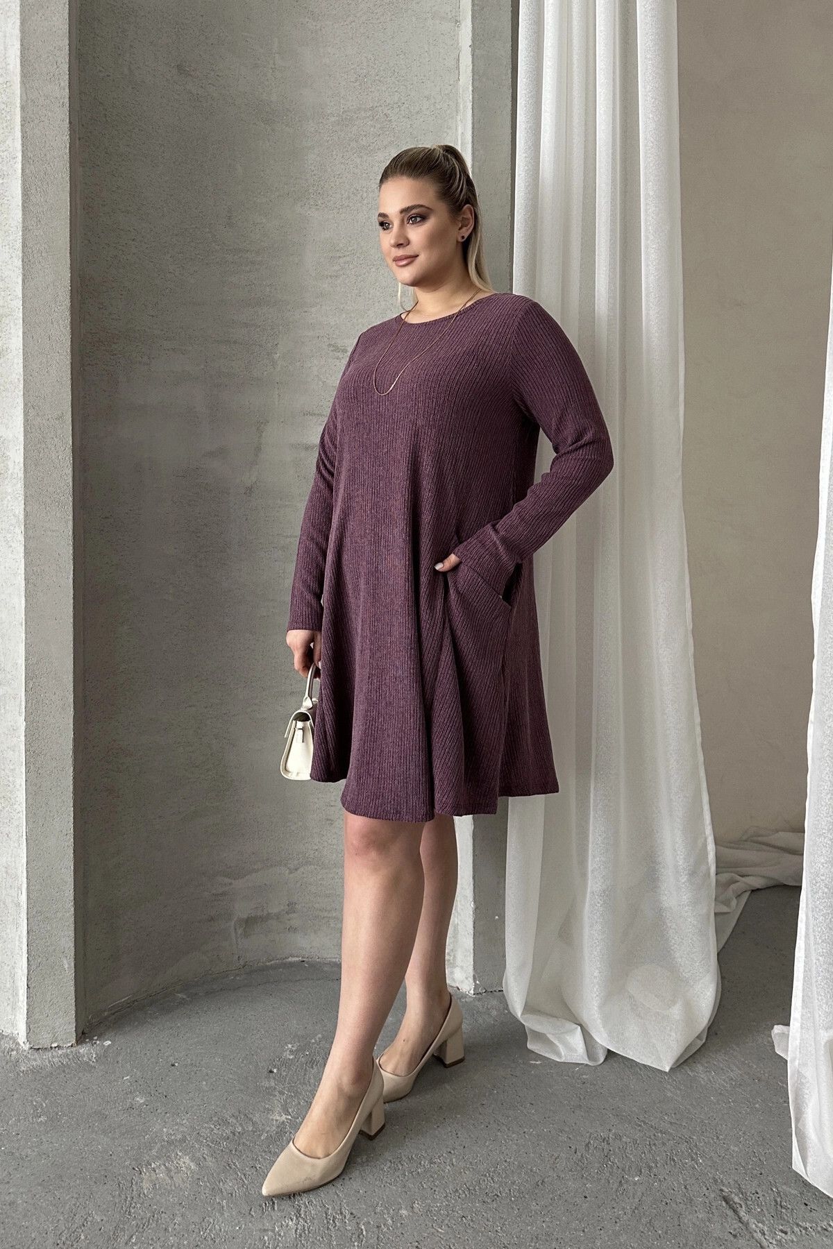 Stil Diva-Plus Size Long Sleeve Crew Neck Pocket Ribbed Dress 100-186 4