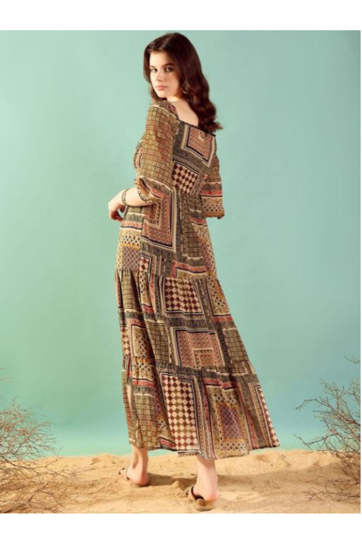 Kassually By Styli-Patchwork Print 3/4 Sleeves Tiered Maxi Dress 5
