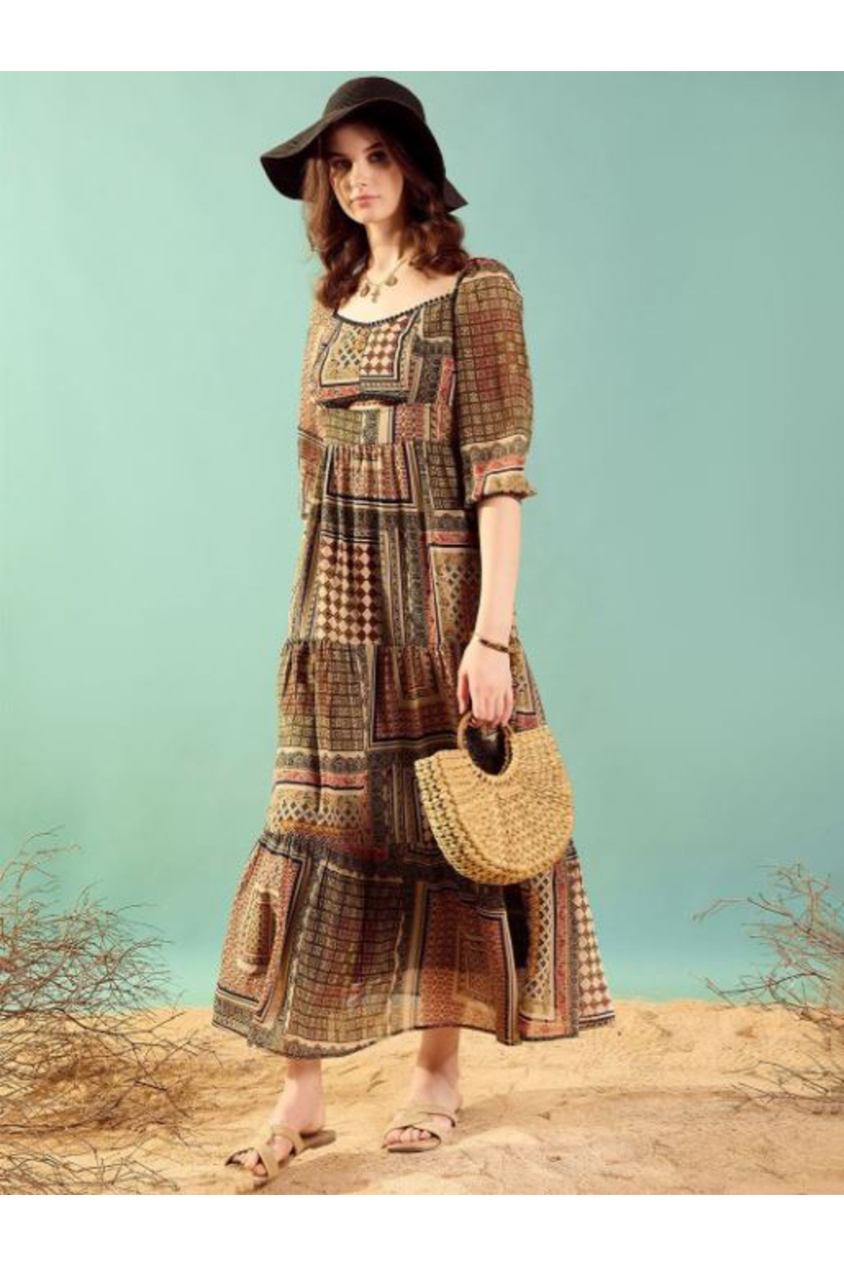 Kassually By Styli-Patchwork Print 3/4 Sleeves Tiered Maxi Dress 6