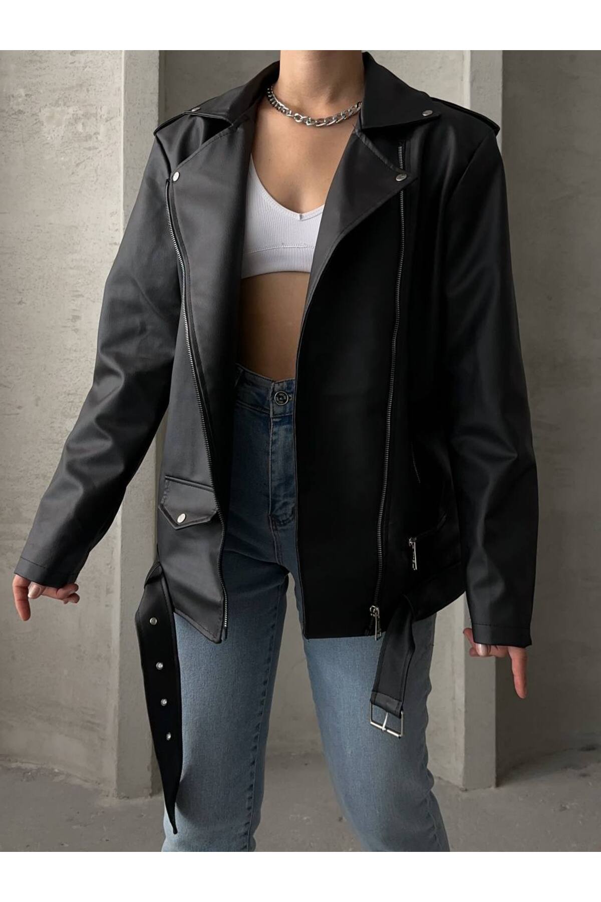 MEECY Damska skórzana kurtka oversize typu biker