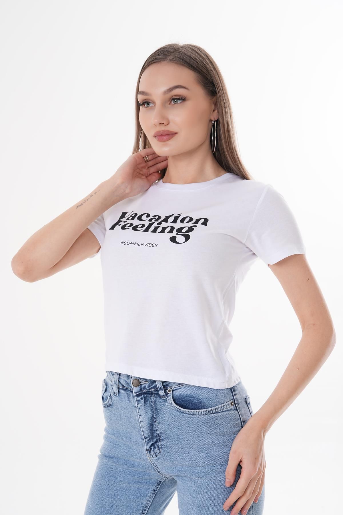 ŞİMAL-Women's Text Printed Crew Neck T-Shirt 250156   - 3