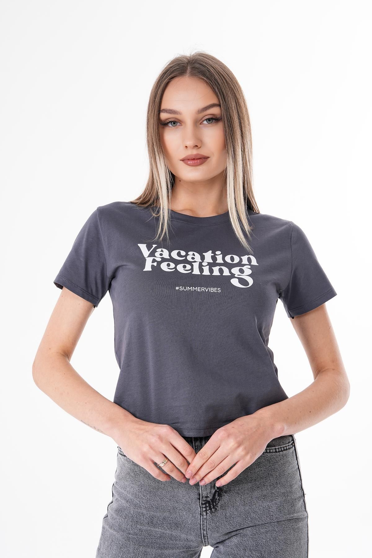 ŞİMAL-Women's Text Printed Crew Neck T-Shirt 250156   - 3