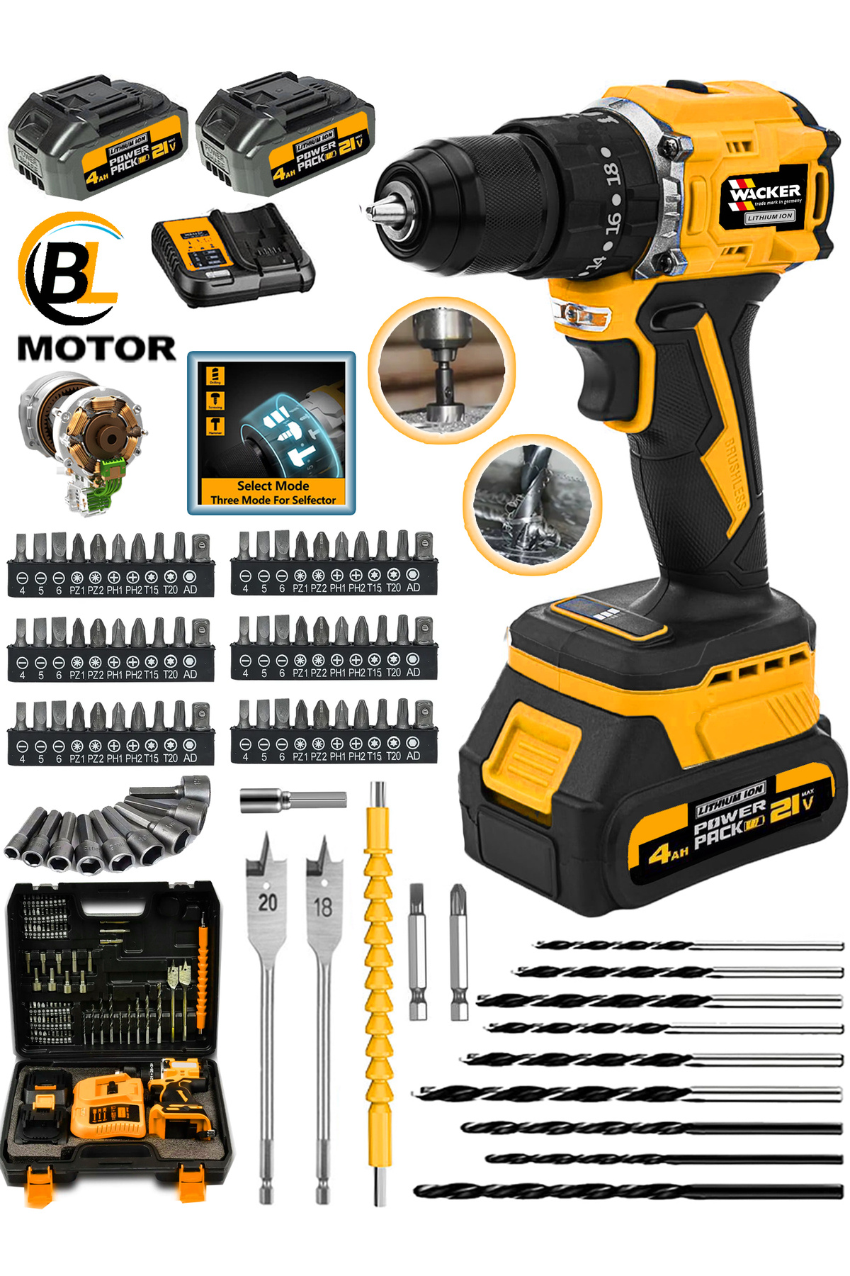 Genel Markalar Alman WX-600 Darbeli Kömürsüz Motor Samsung Pilli 2 Akülü Vidalama Matkap + 84 Parça Aksesuar Set