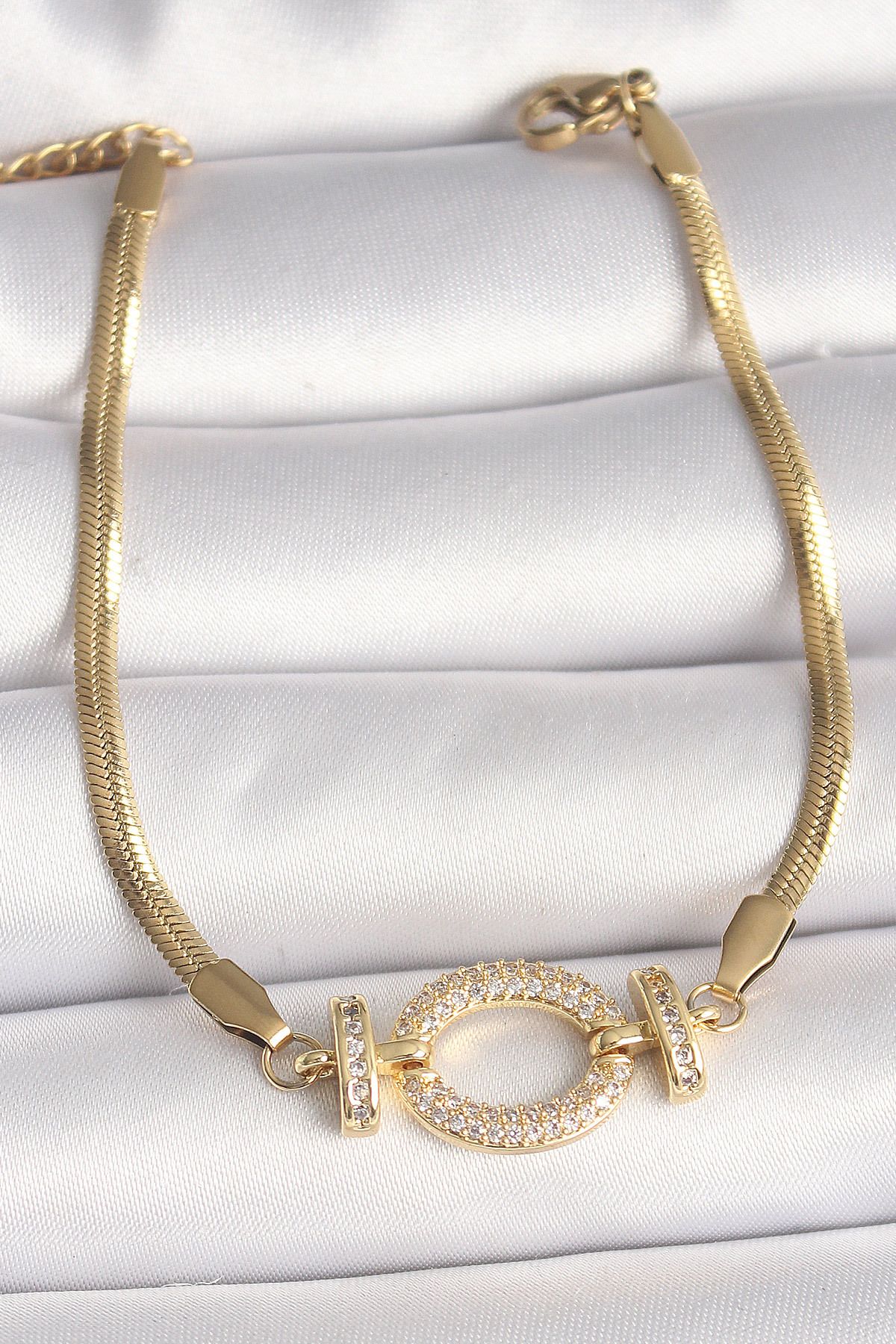 Evinso 316L Çelik Gold Renk Italyan Zincir Model Zirkon Taşlı Halka Figür Kadın Bileklik