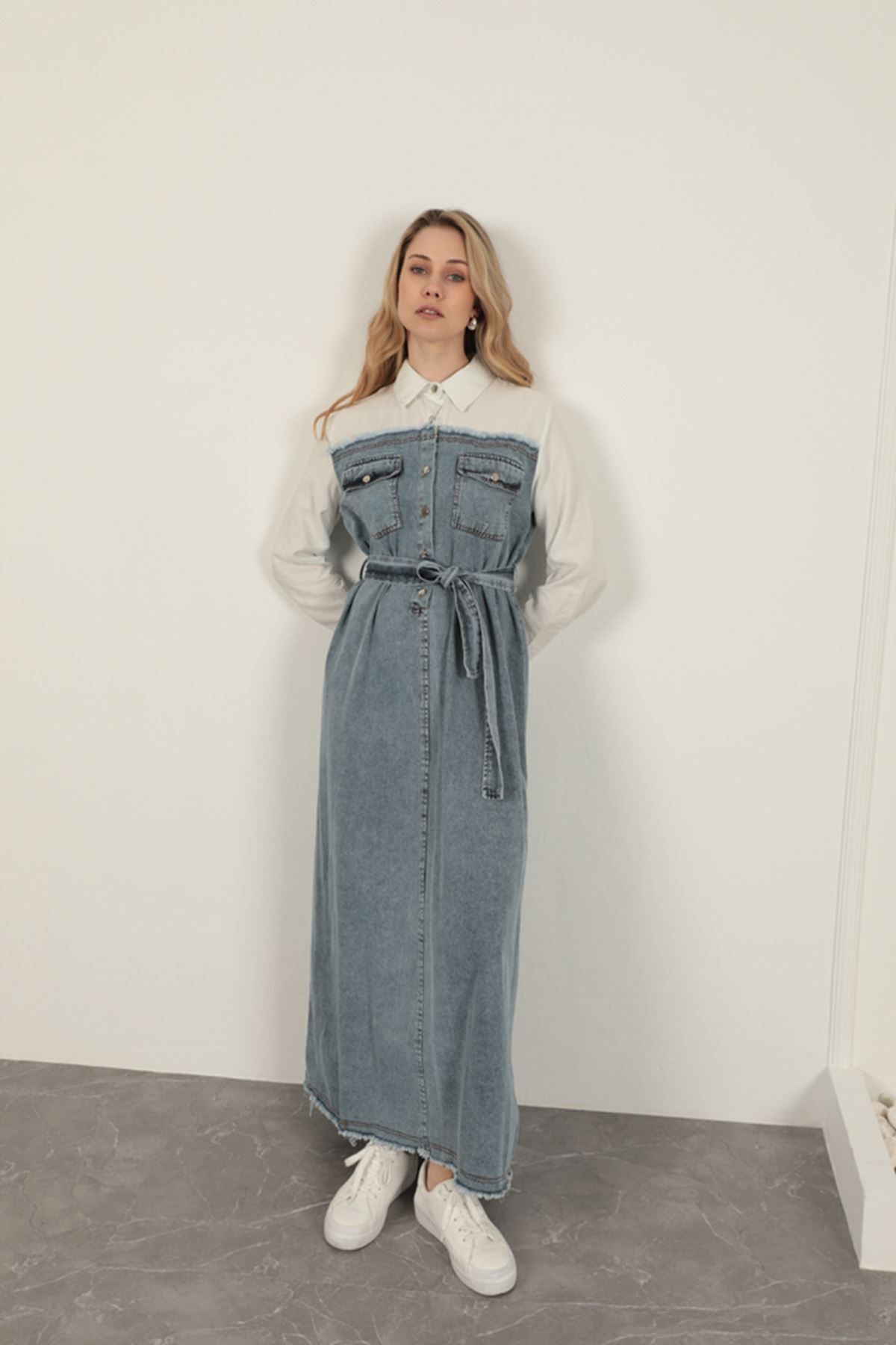 blueb Denim Kumaş Garnili Elbise-Ekru
