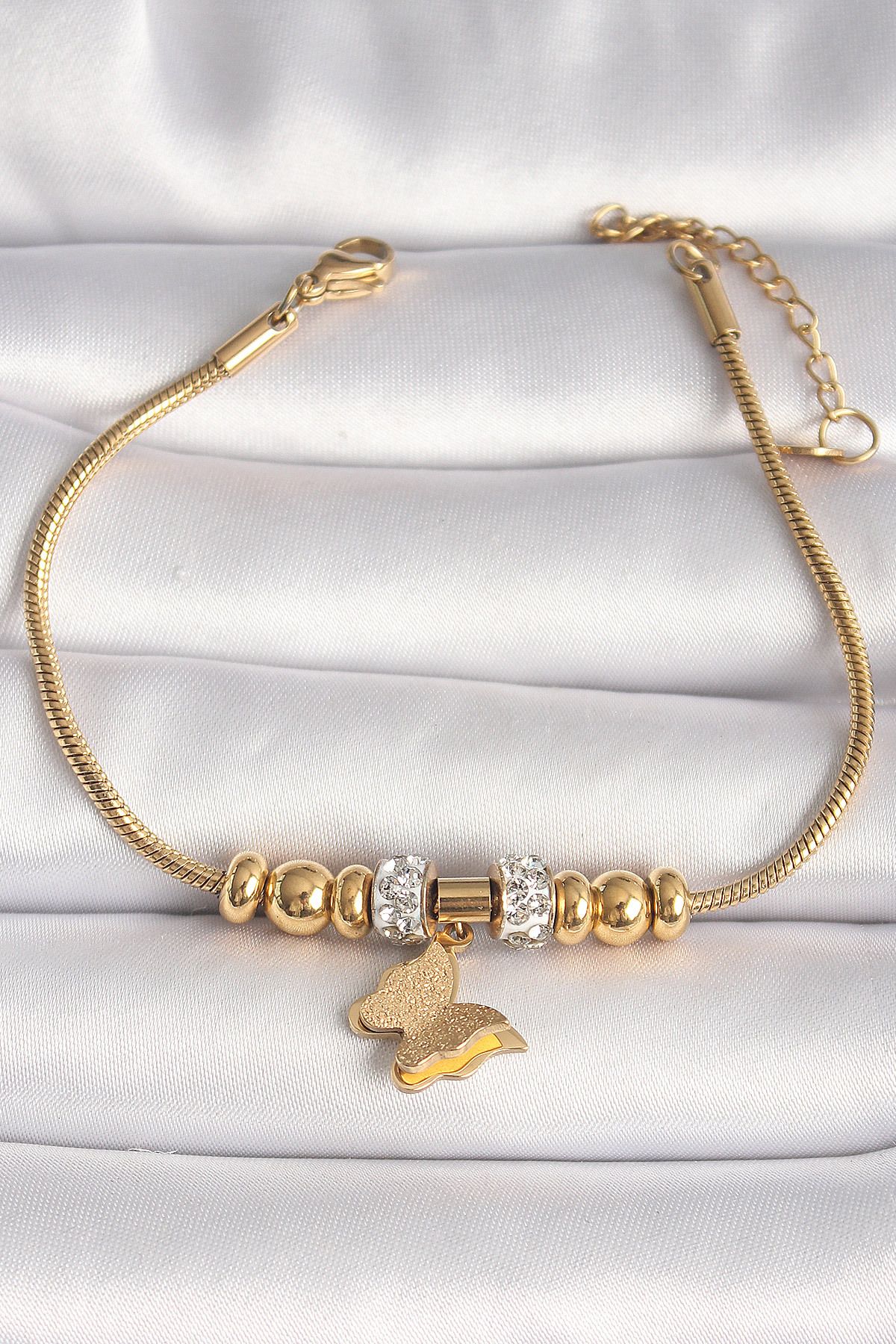 MMB Boutique 316L Çelik Gold Renk Tüplü Zincir Zirkon Taş Detaylı Sallantı Simli Kelebek Figür Kadın Bileklik