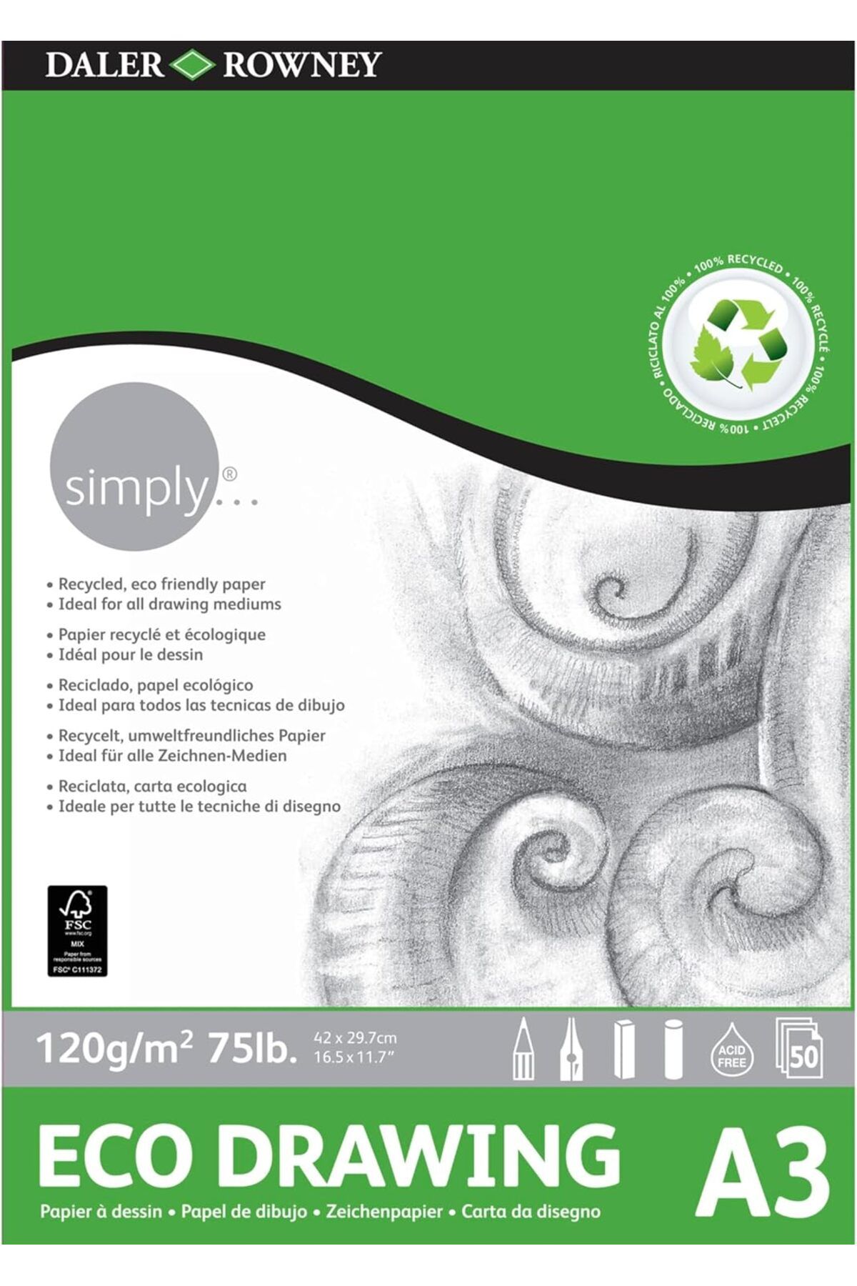 STOREMAX dlshop çizim bloğu, DALER ROWNEY Simply için ideal, format 29,7 x 42 cm, 120 g/m² ince tanecikli