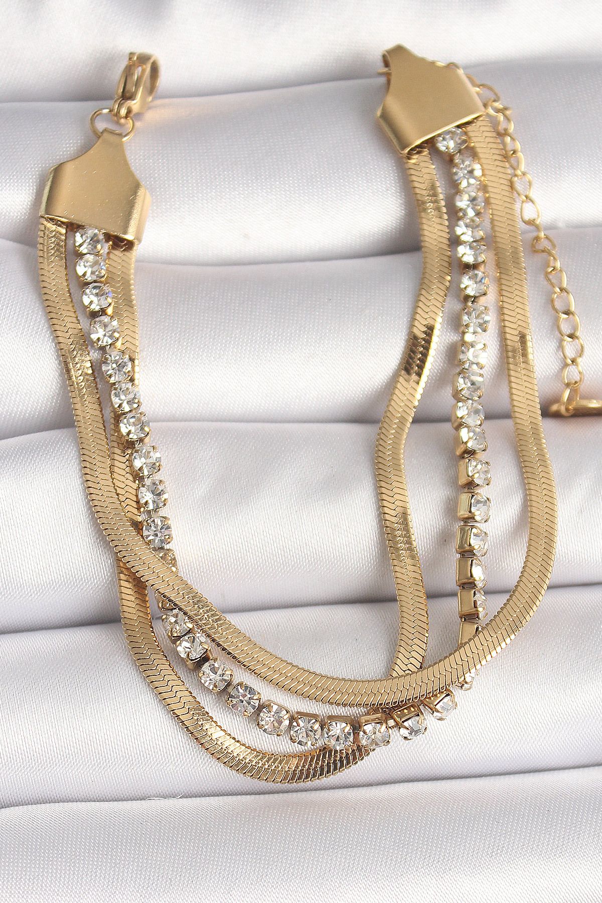 MMB Boutique 316L Çelik Gold Renk 2'Li İtalyan Zincir Model Zirkon Taşlı Kadın Bileklik
