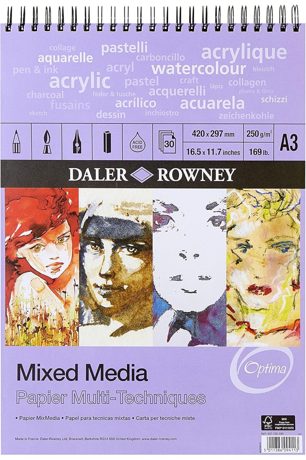STOREMAX htpshopmx Rowney Optima spiral blok, hafif yapılandırılmış, 250 g/m², A3, 30 beyaz yaprak, pro