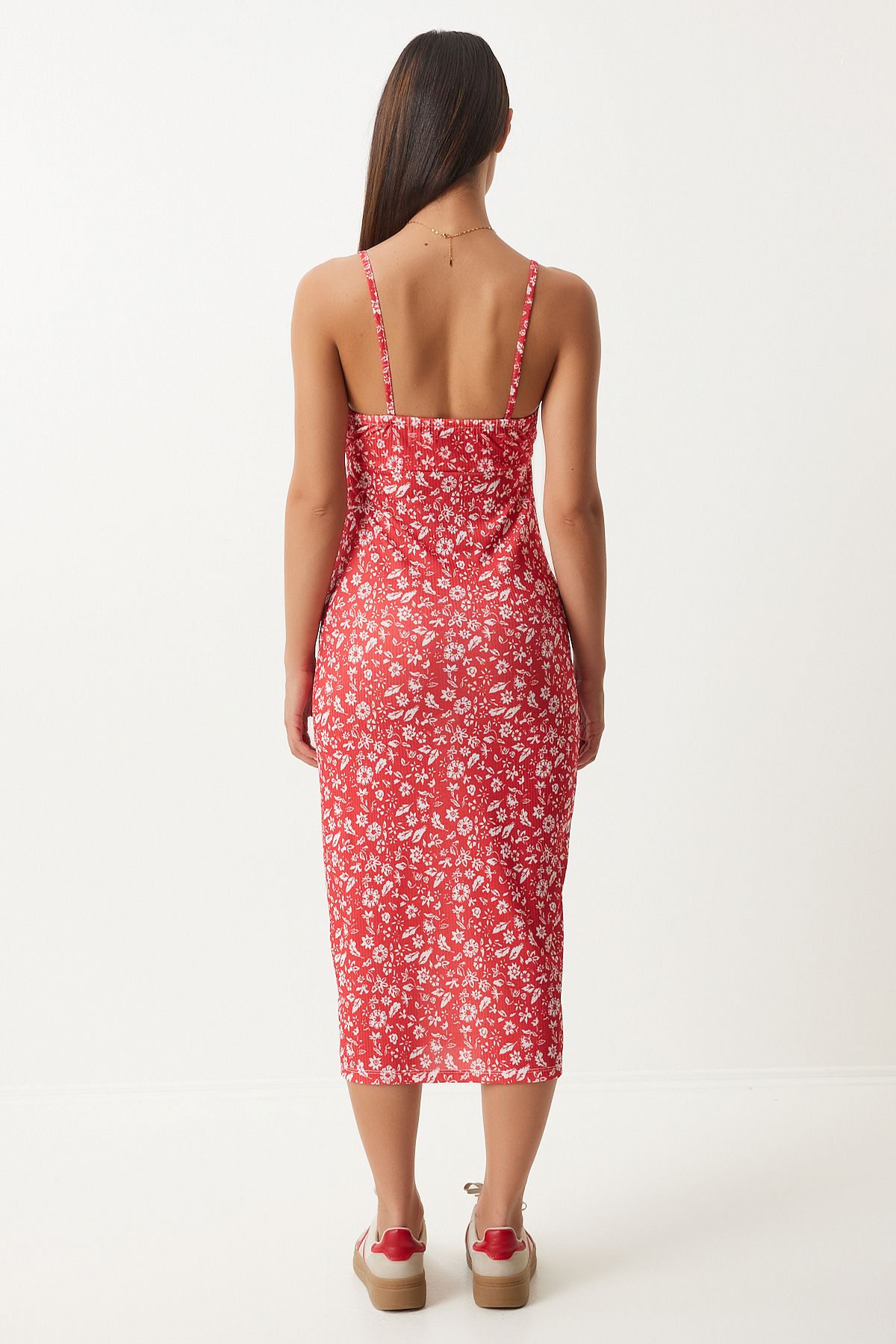 Lovelyİstanbul-Rochie tricotată de vară cu fantă cu imprimeu floral ALB ROSU LCI0003 6
