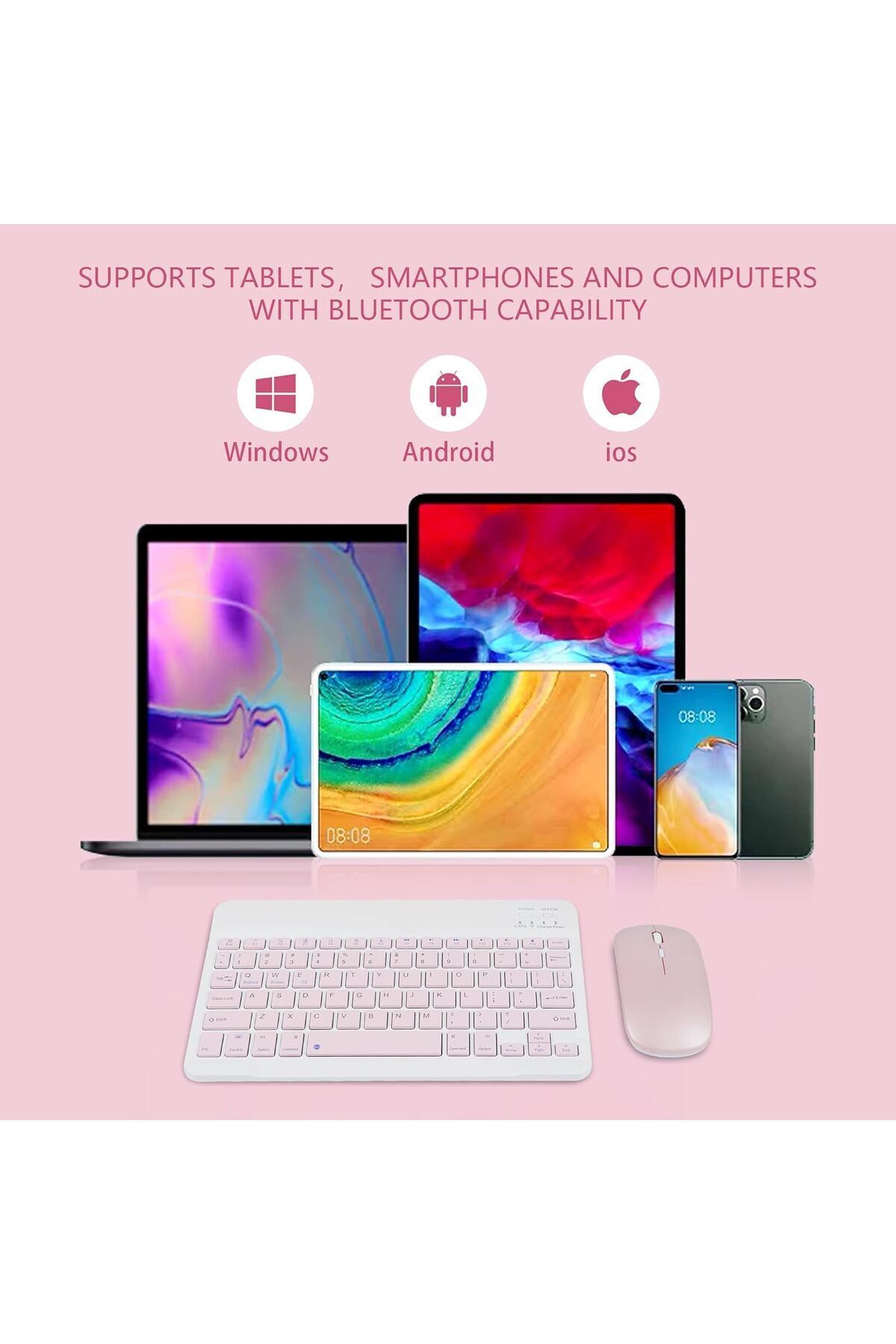 fulina-Wireless Keyboard and Mouse Bluetooth,Rechargeable Wireless Mouse Keyboard Set,Pink,10 inch 6