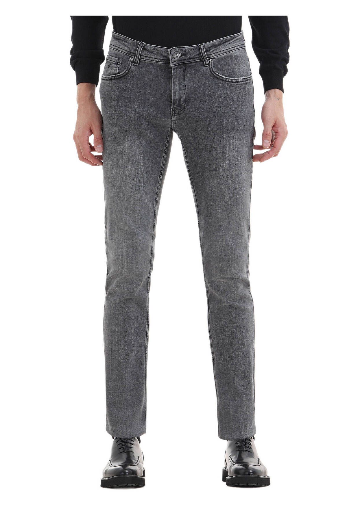 Ramsey-Pantaloni gri din denim slim fit din amestec de bumbac 2