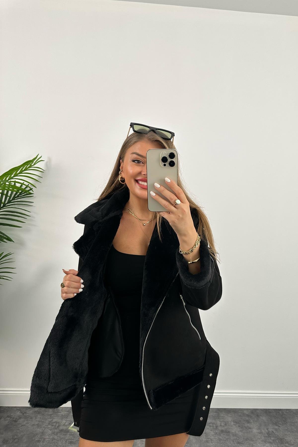 VESS MODA  Kadın İçi İpek Kürklü Siyah Süet Biker Mont - Görsel 7