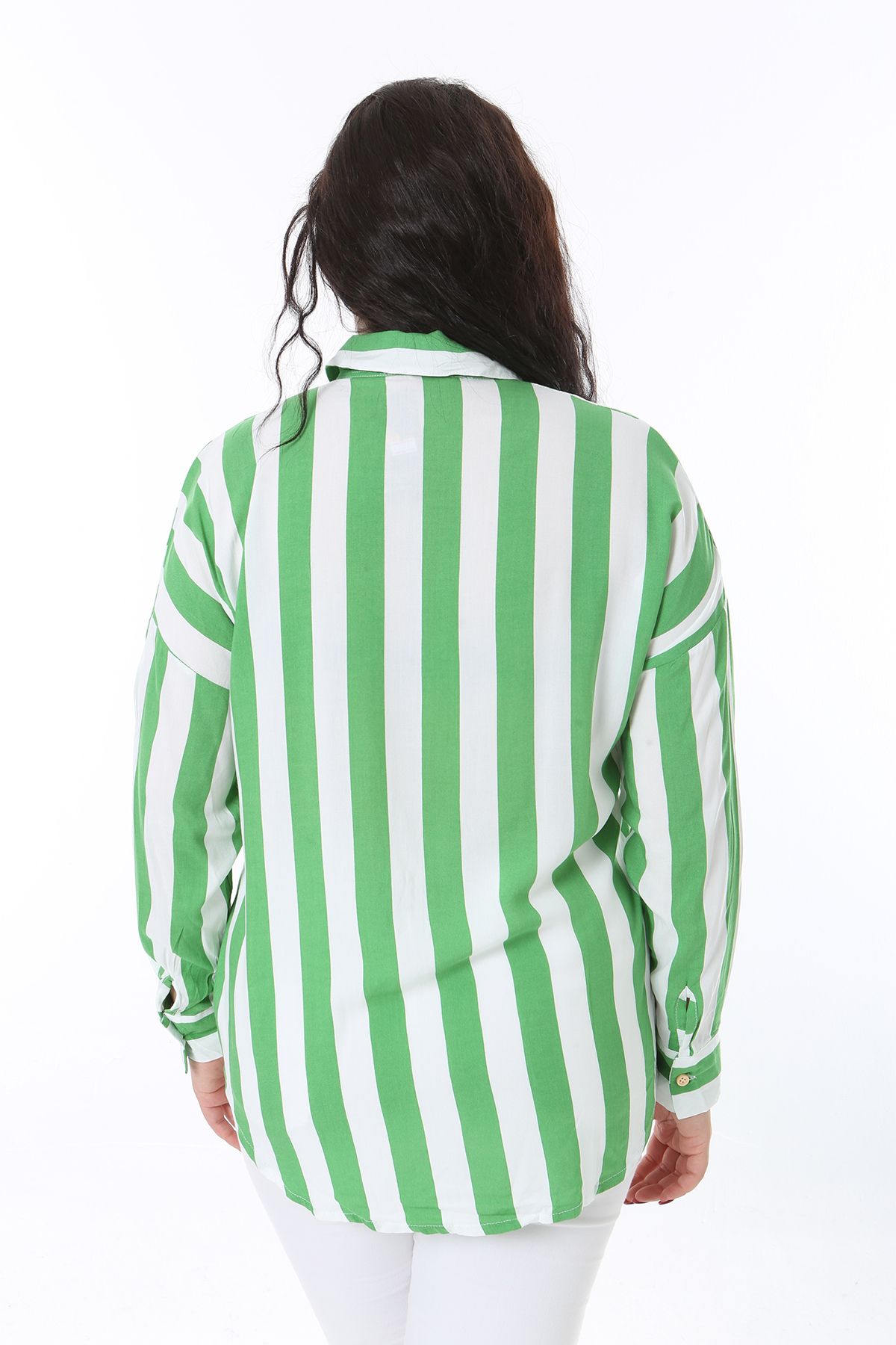 Şans-Women's Plus Size Green Front Button Cuffed Long Sleeve Striped Blouse 65N38751 7