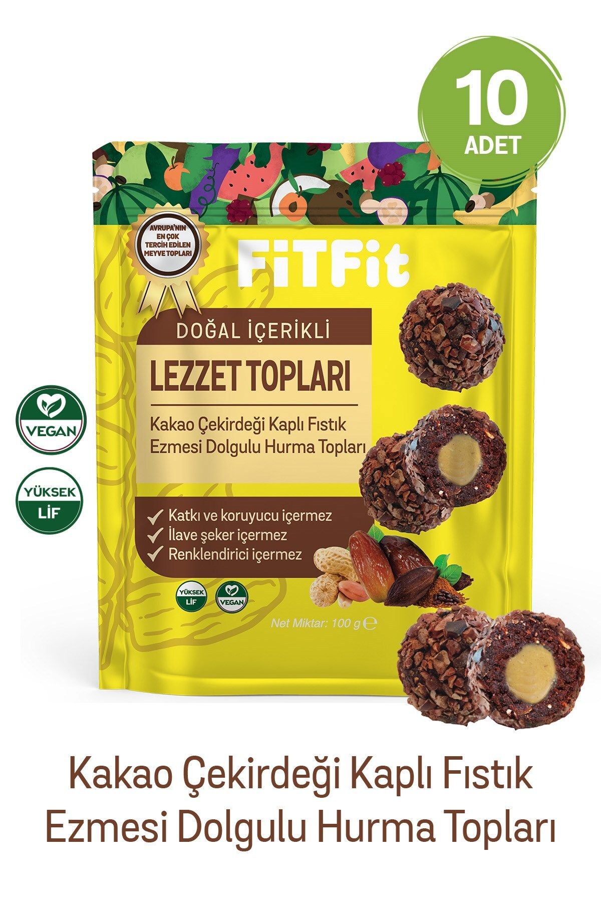 FitFit Kakao Çekirdeği Kaplı Fıstık Ezmesi Dolgulu Hurmalı Meyve Topları Glutensiz, Doğal ve Sağlıkl