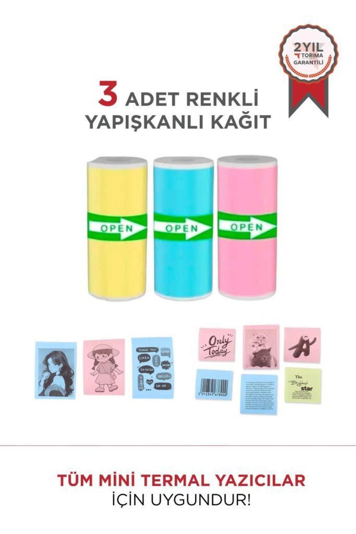 Torima Yapışkanlı Renkli 1Paket (3Adet) Termal Rulo Kağıt Etiket Sticker Tüm Mini Makinalara Uyumlu