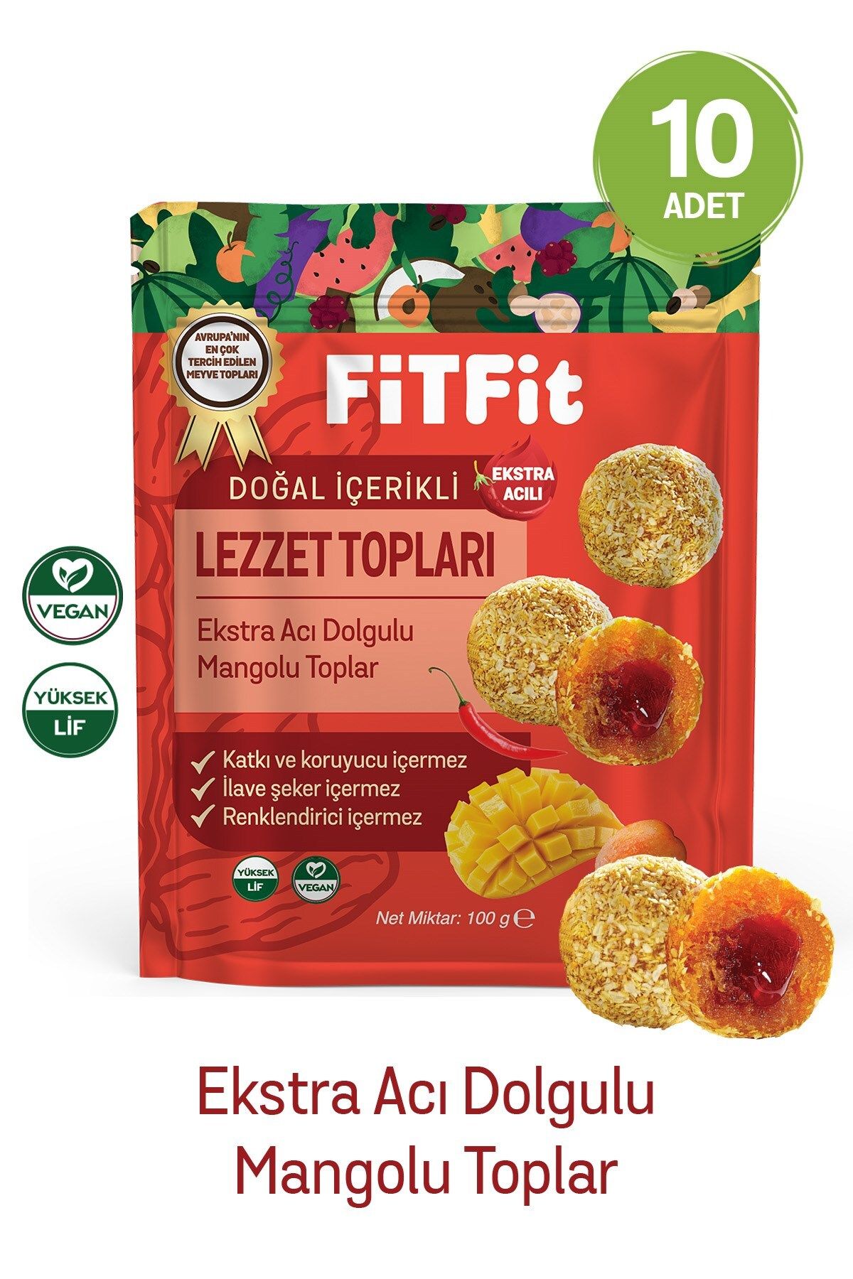 FitFit Hindistan Cevizi Kaplı Ekstra Acı Dolgulu Mangolu Meyve Topları Glutensiz, Doğal ve Sağlıklı