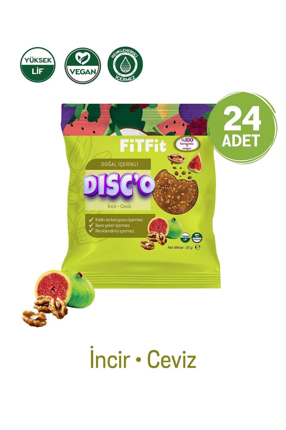 FitFit Disc'o İncir Ceviz Meyve Diski Glutensiz, Doğal ve Sağlıklı Atıştırmalık 20GR X 24 ADET