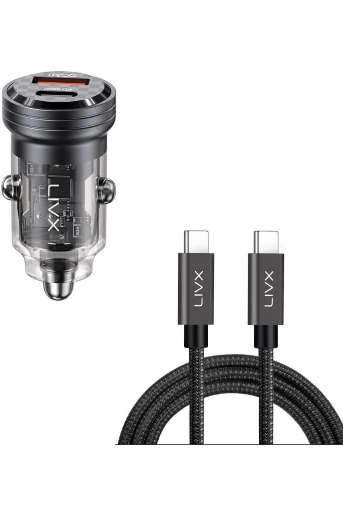 STOREMAX Transparent 45W PD/QC Mini Araç şarj Cihazı ve 1 metre Hızlı Şarj Ve Data Kablosu L35