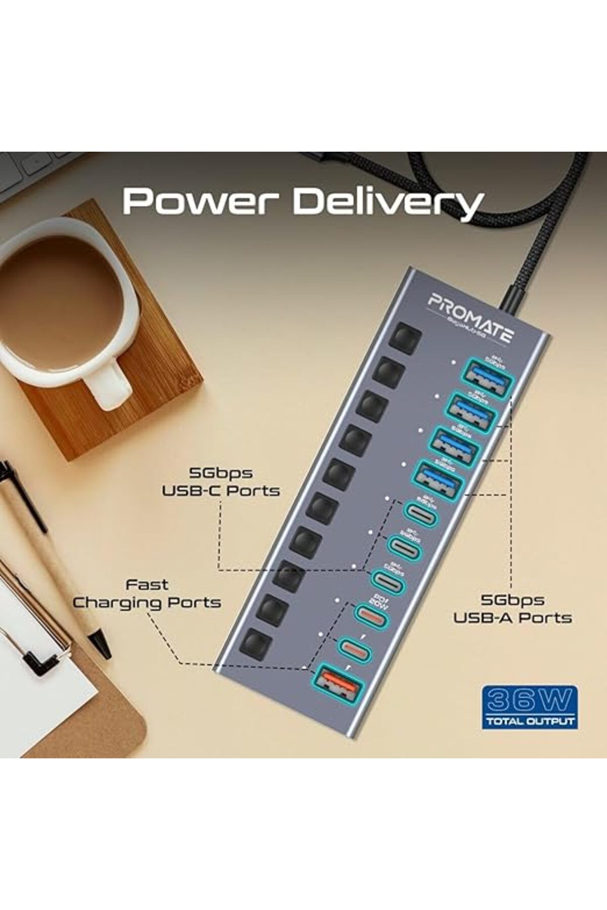 Promate-موزع USB-C 10 في 1، 3 منافذ USB-C، 4 منافذ USB-A، سرعة نقل بيانات 5 جيجابت في الثانية، 20 وات PD، مفاتيح طاقة، التوصيل والتشغيل 3
