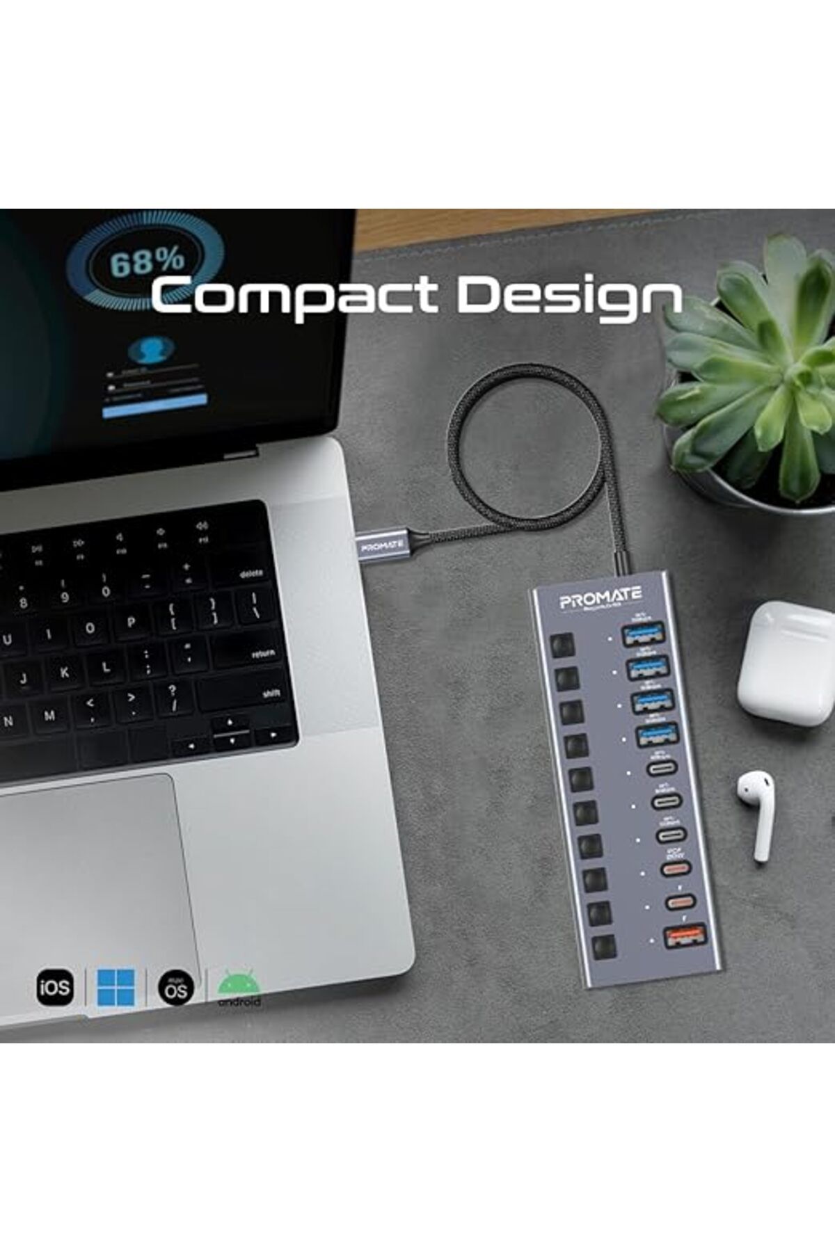 Promate-موزع USB-C 10 في 1، 3 منافذ USB-C، 4 منافذ USB-A، سرعة نقل بيانات 5 جيجابت في الثانية، 20 وات PD، مفاتيح طاقة، التوصيل والتشغيل 2
