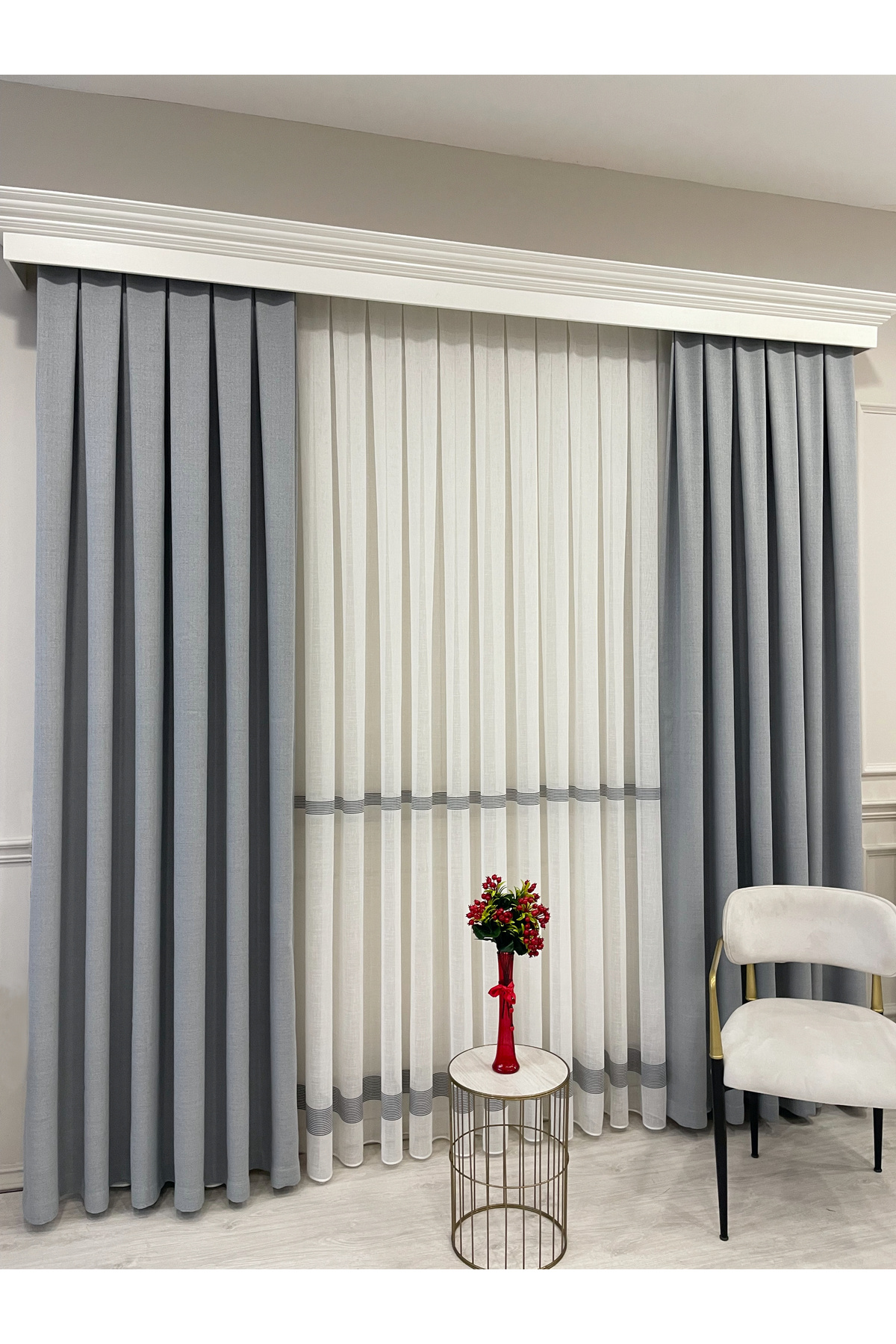 Brillant-Linen Look Banded 1/3 Sik Pleat - Ecru/Grey Color Tulle Curtain 5