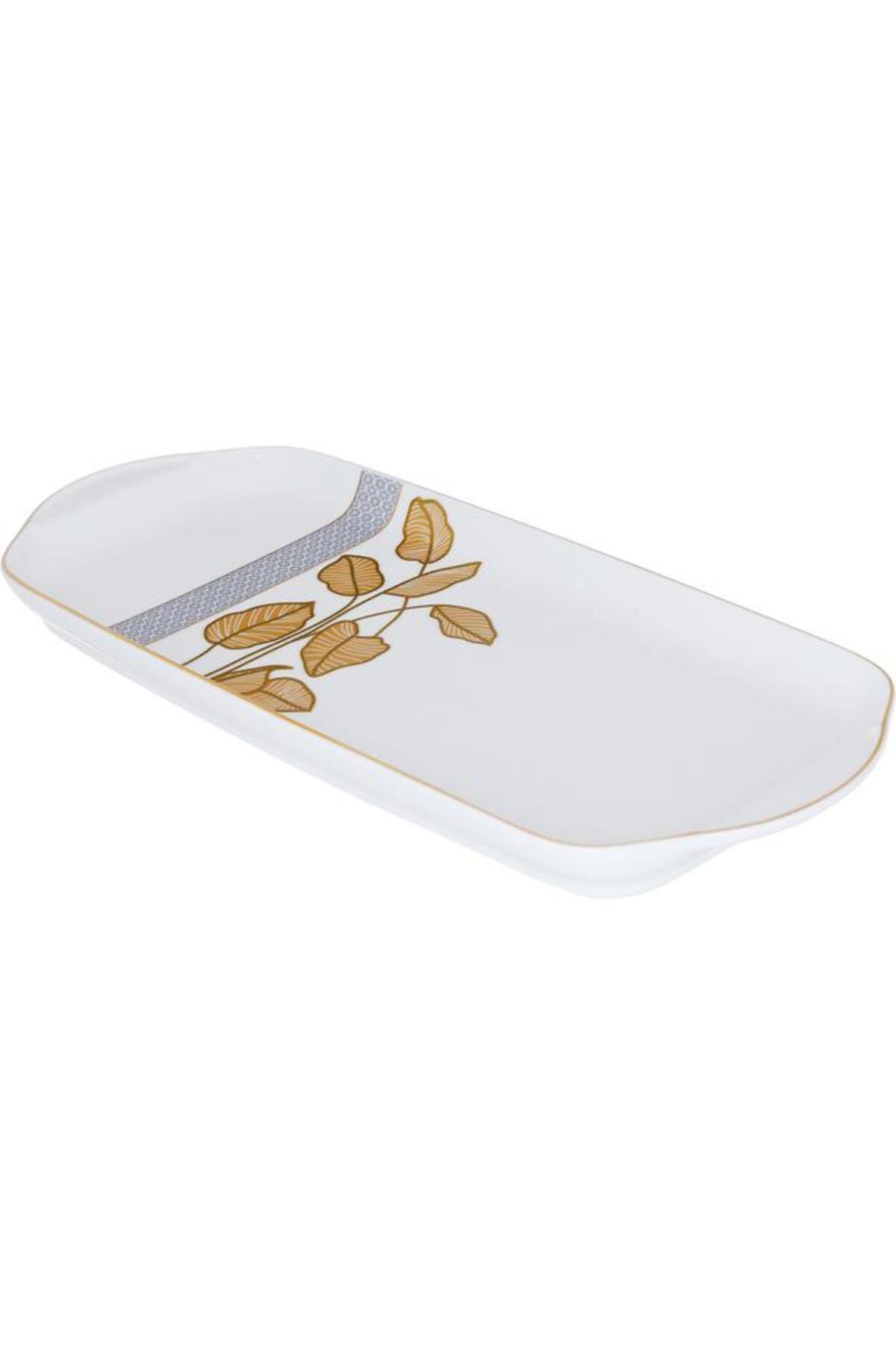 ALSAIF-Porcelain Dessert Plate 14 Inches Rectangular Golden Pattern White 2