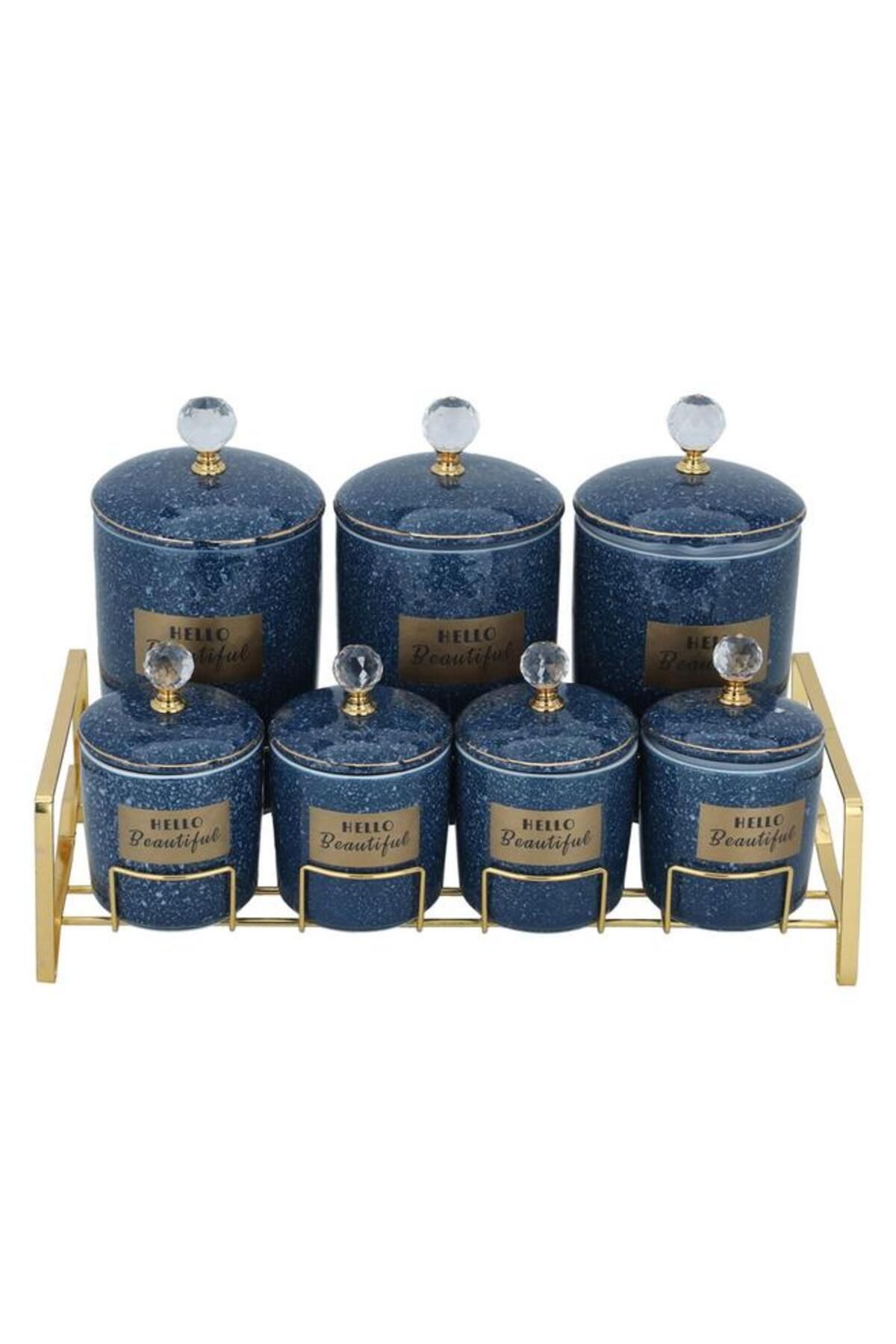 ALSAIF-Porcelain Spice Boxes Set With Golden Stand 7 Pieces Blue 1