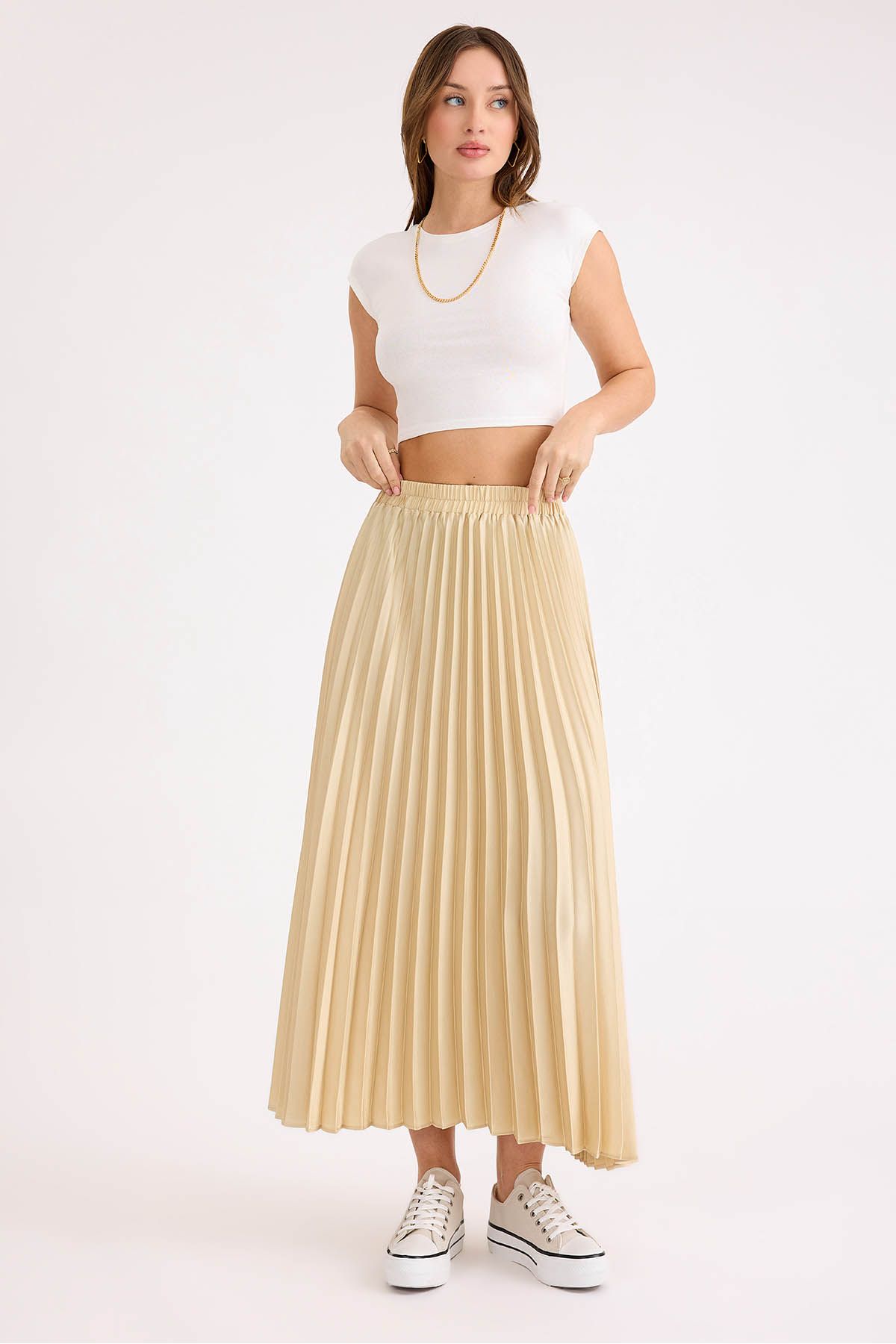 Vitrin-Pleated Midi Satin Skirt with Elastic Waist 1