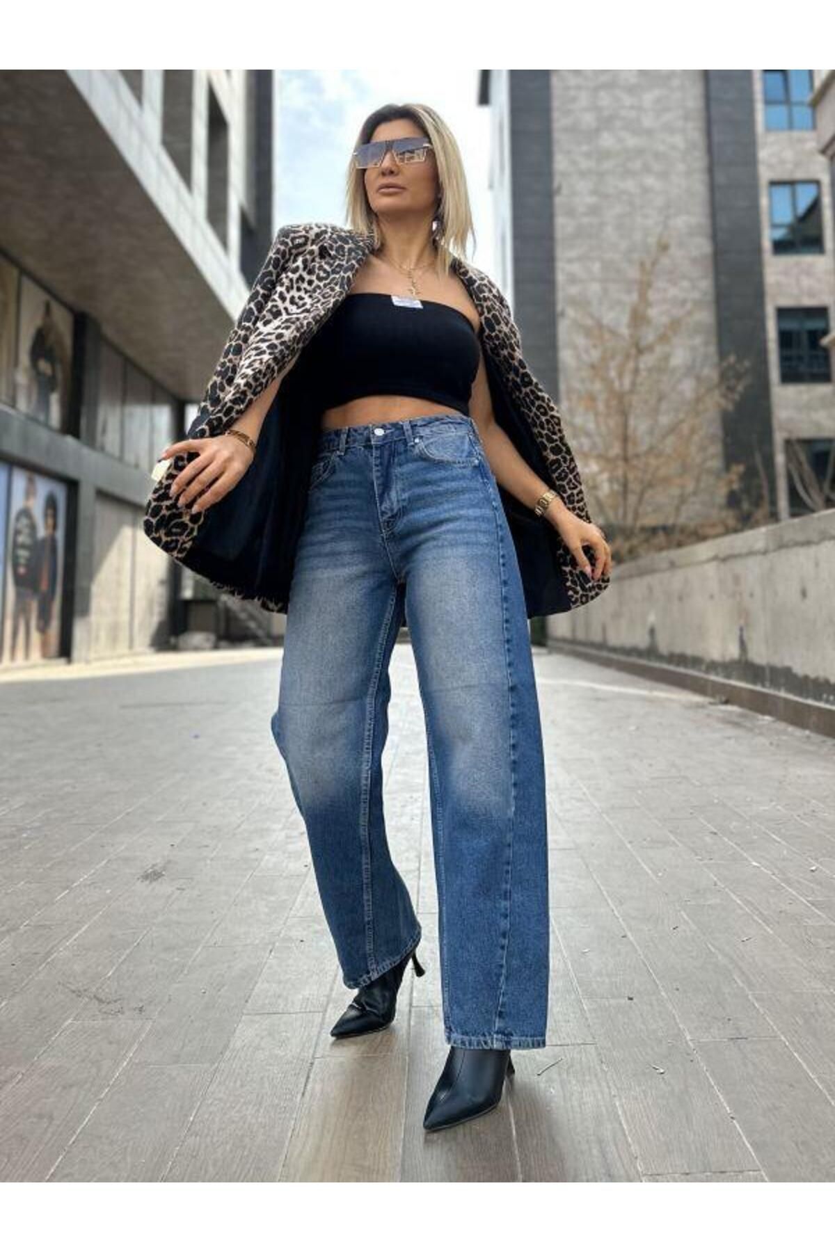Dilvin-71729 Pantaloni de jeans cu balon cu cusături albastre 5
