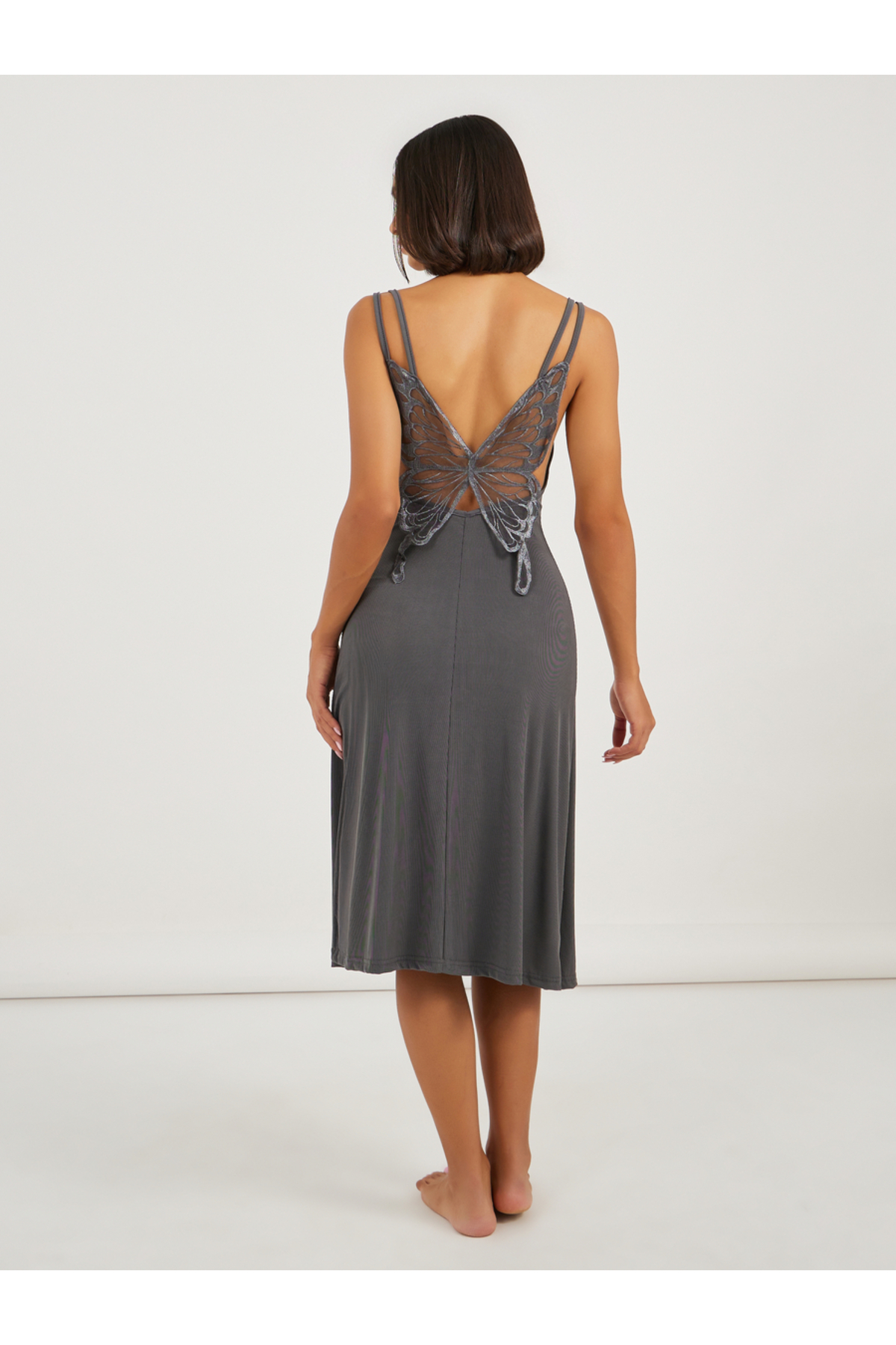 Styli Lace Butterfly Back Detail Ribbed Slip Dress