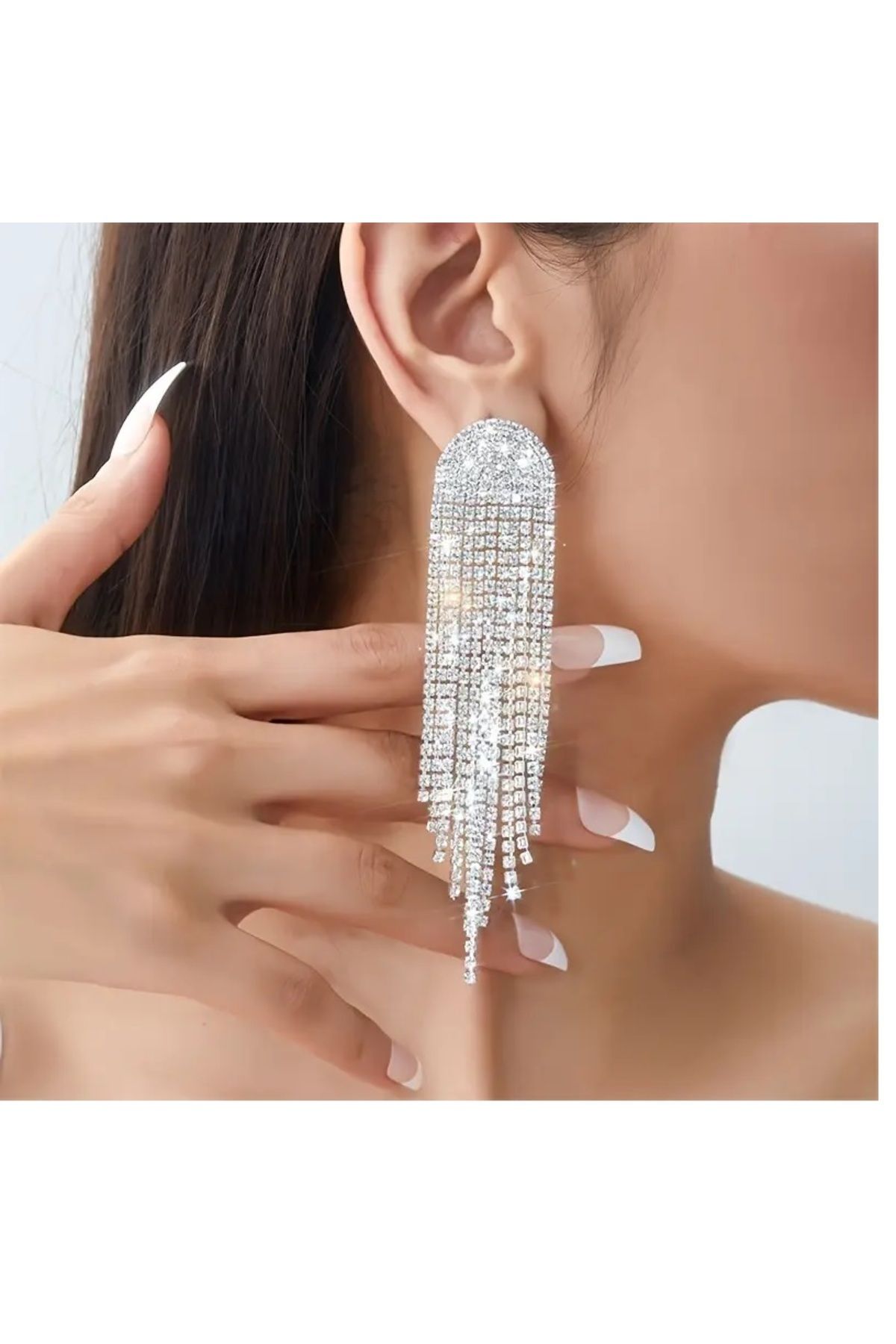 mos&more-White Stone Dangle Long Women's Evening Dress Earrings, Tassel Earrings 7