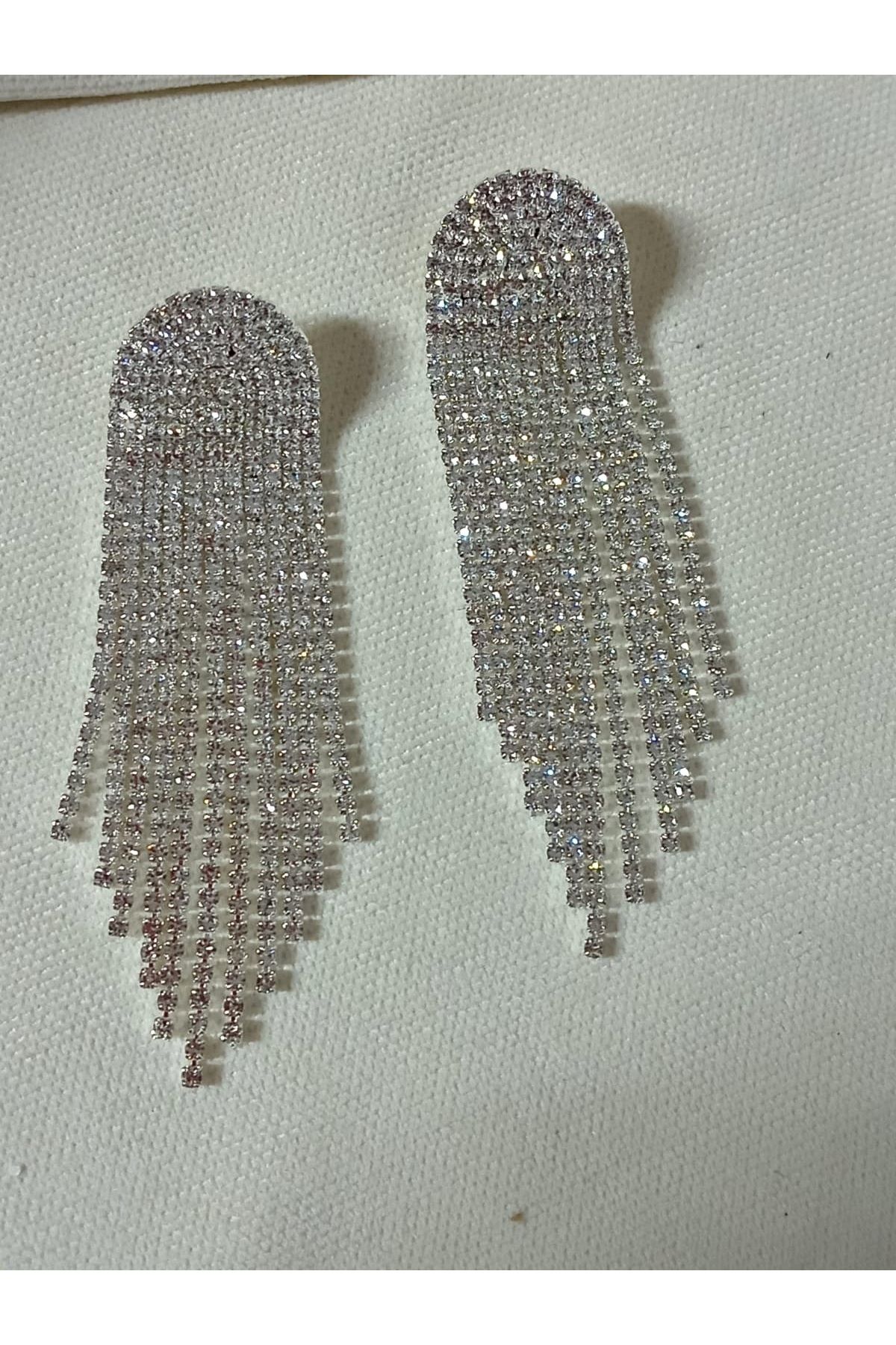 mos&more-White Stone Dangle Long Women's Evening Dress Earrings, Tassel Earrings 3