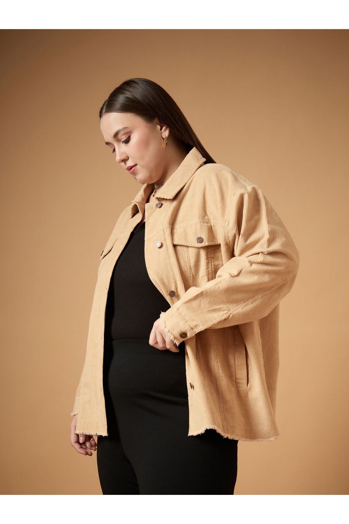 Sassafras By Styli-Plus Size Corduroy Front Button Shacket with Pocket Detail 3