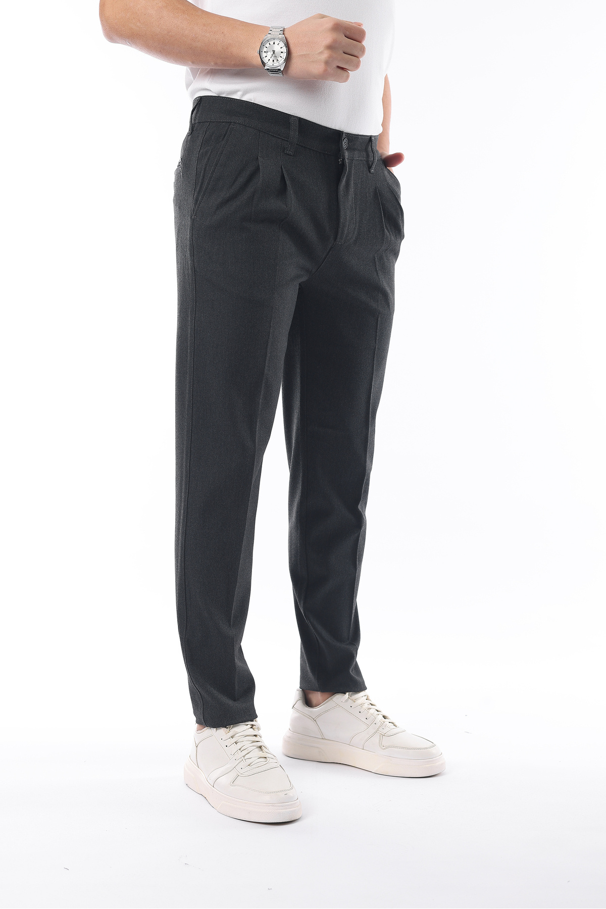 İDS COLLECTİON-Men's Pleated Seasonal Lycra Anthracite Fabric Trousers 4