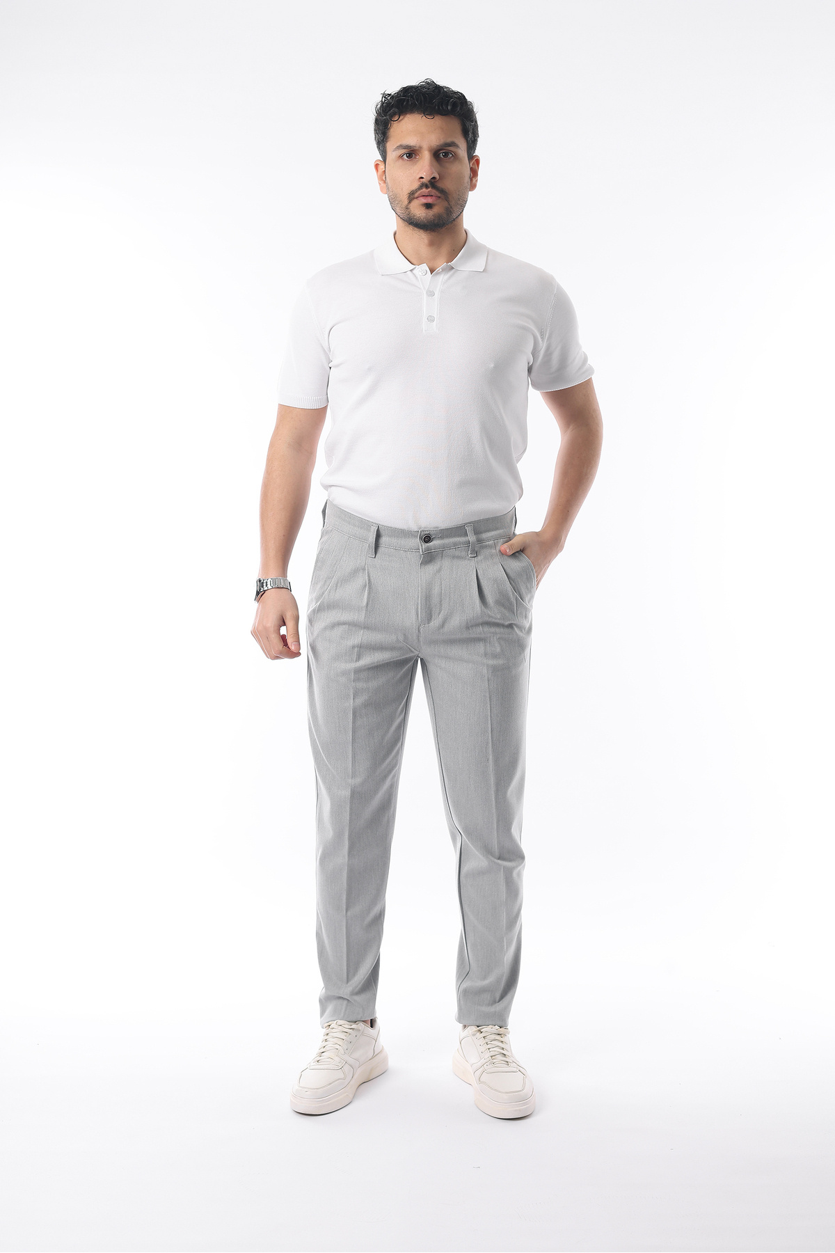 İDS COLLECTİON-Men's Pleated Winter Lycra Light Gray Fabric Trousers 3