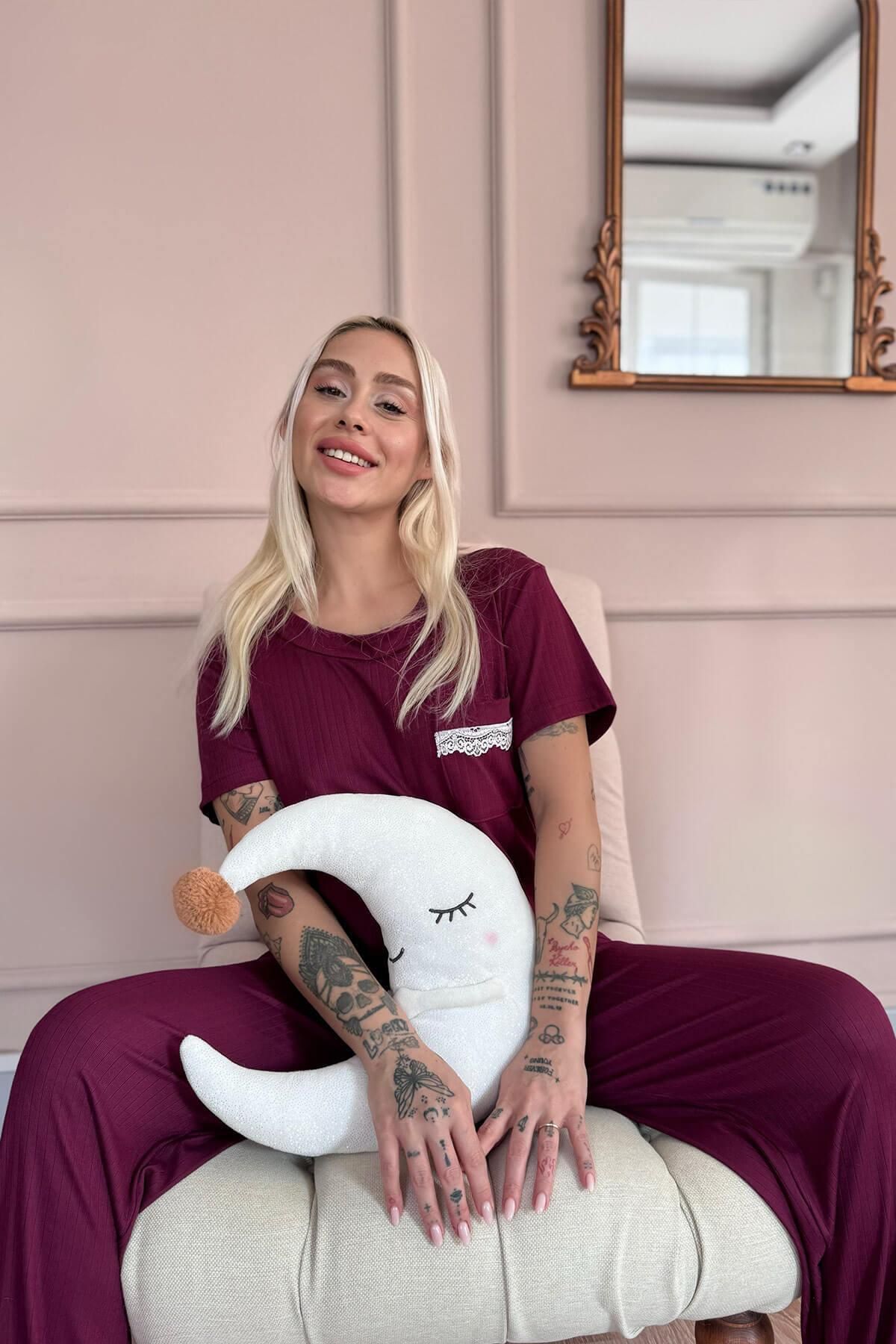Pijamaevi-Set de pijamale pentru femei Plum Dublin cu mâneci scurte din dantelă 4