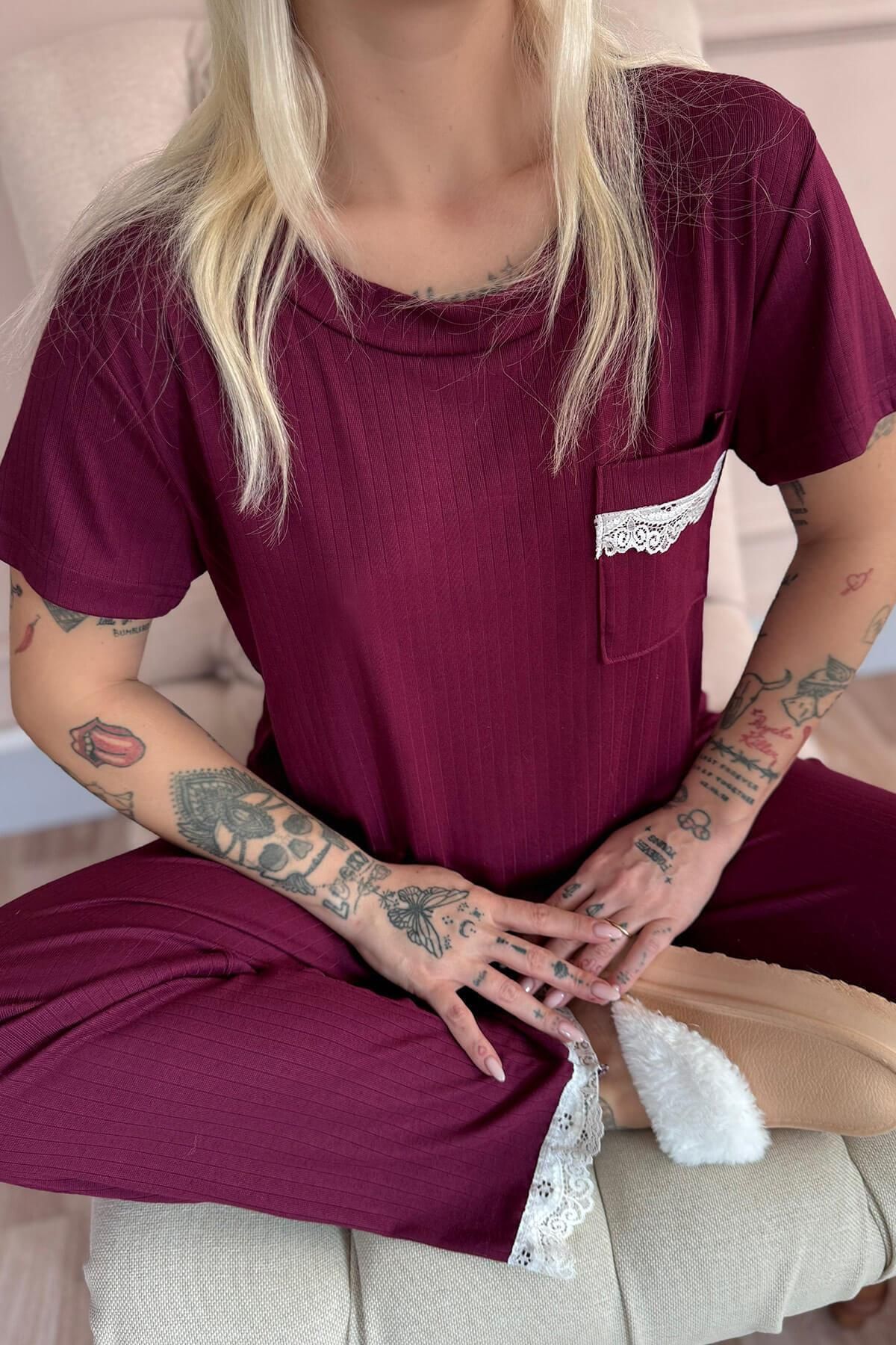 Pijamaevi-Set de pijamale pentru femei Plum Dublin cu mâneci scurte din dantelă 5