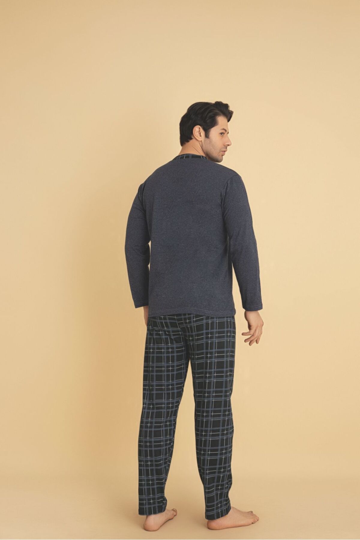 Sude HOMEWEAR-Ercan Men's Bottom Fraced Top Collar Buttoned Dark Gray Pjm Tkm 3