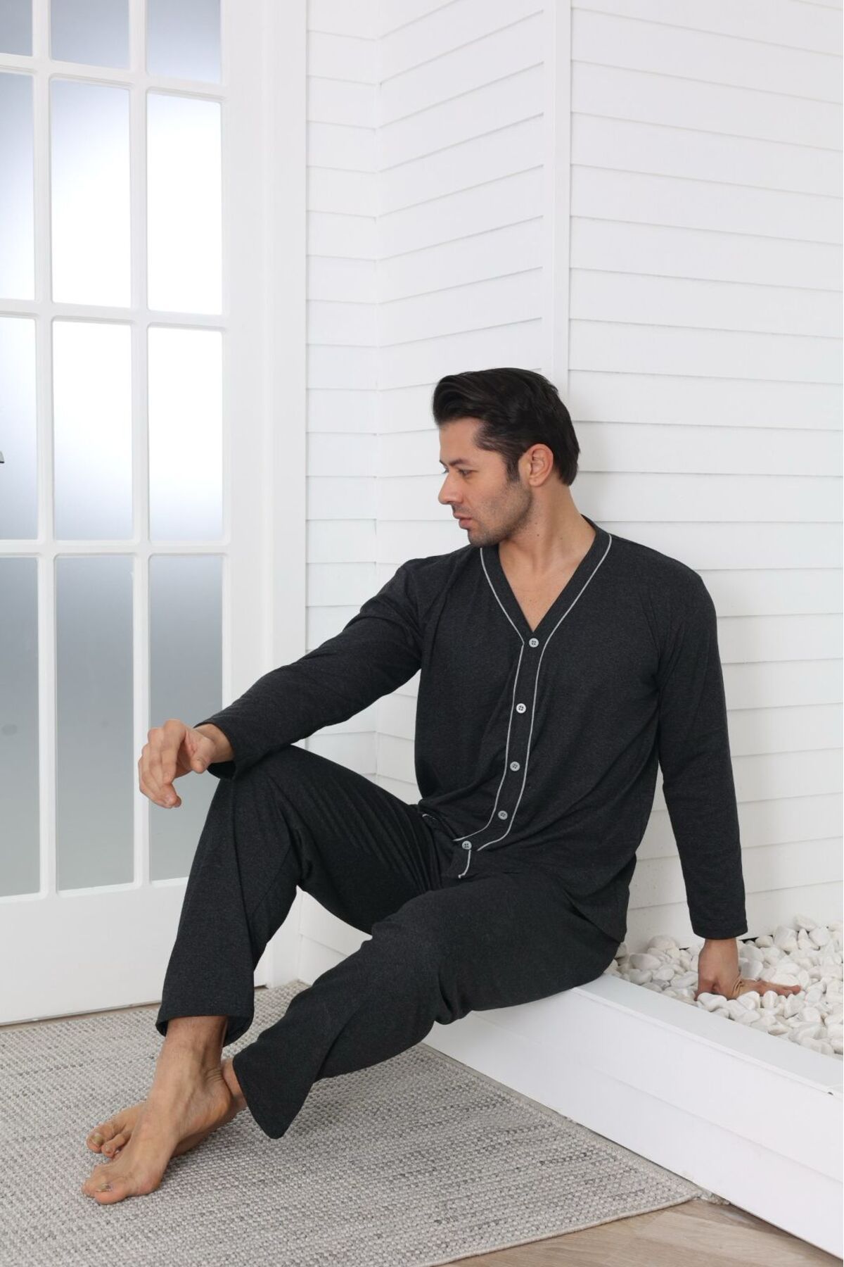 Sude HOMEWEAR-- Men's Front Button Black Men's Pjm Tkm 2