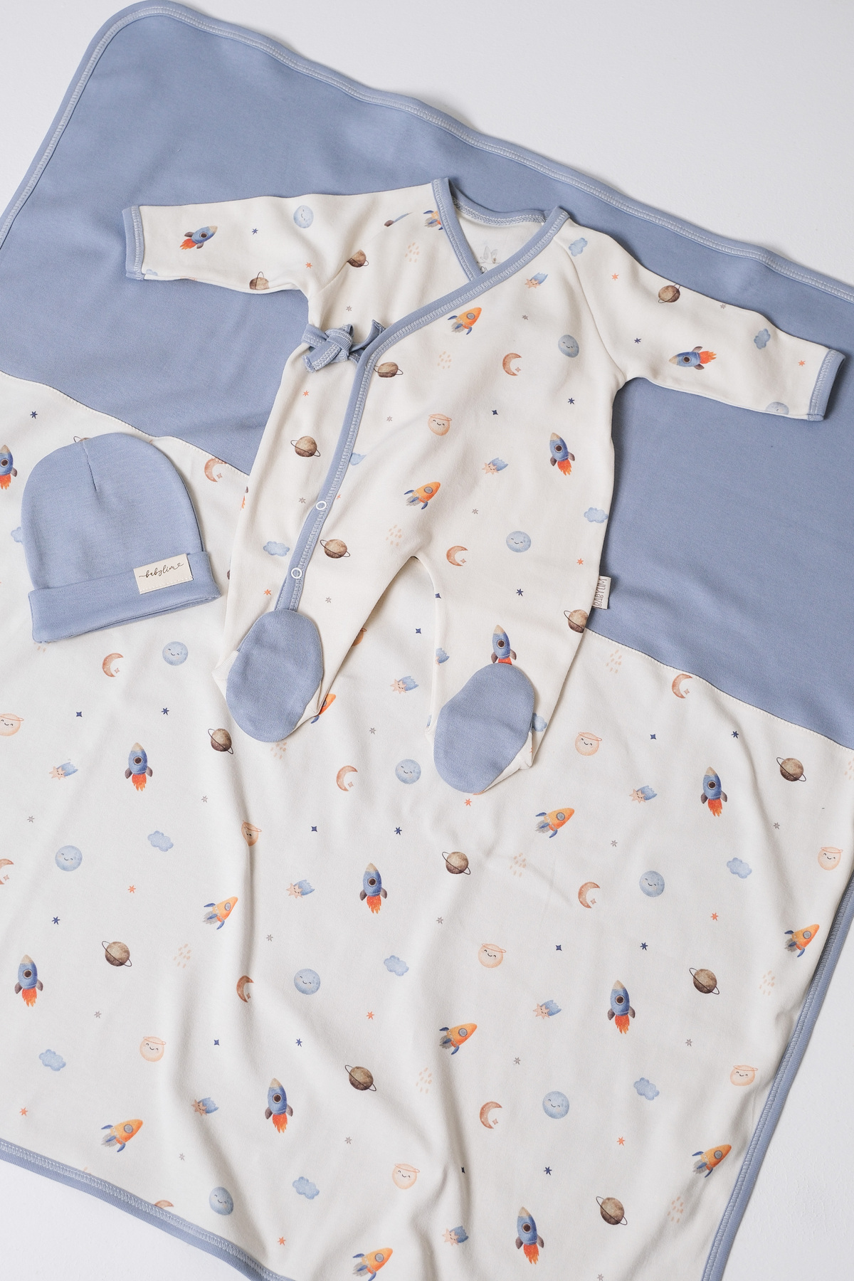 BABYLİM Erkek Bebek Uzay Baskılı Yandan Bağlamalı %100 Pamuk Tulum Seti fotoğrafı 5 (önizleme)